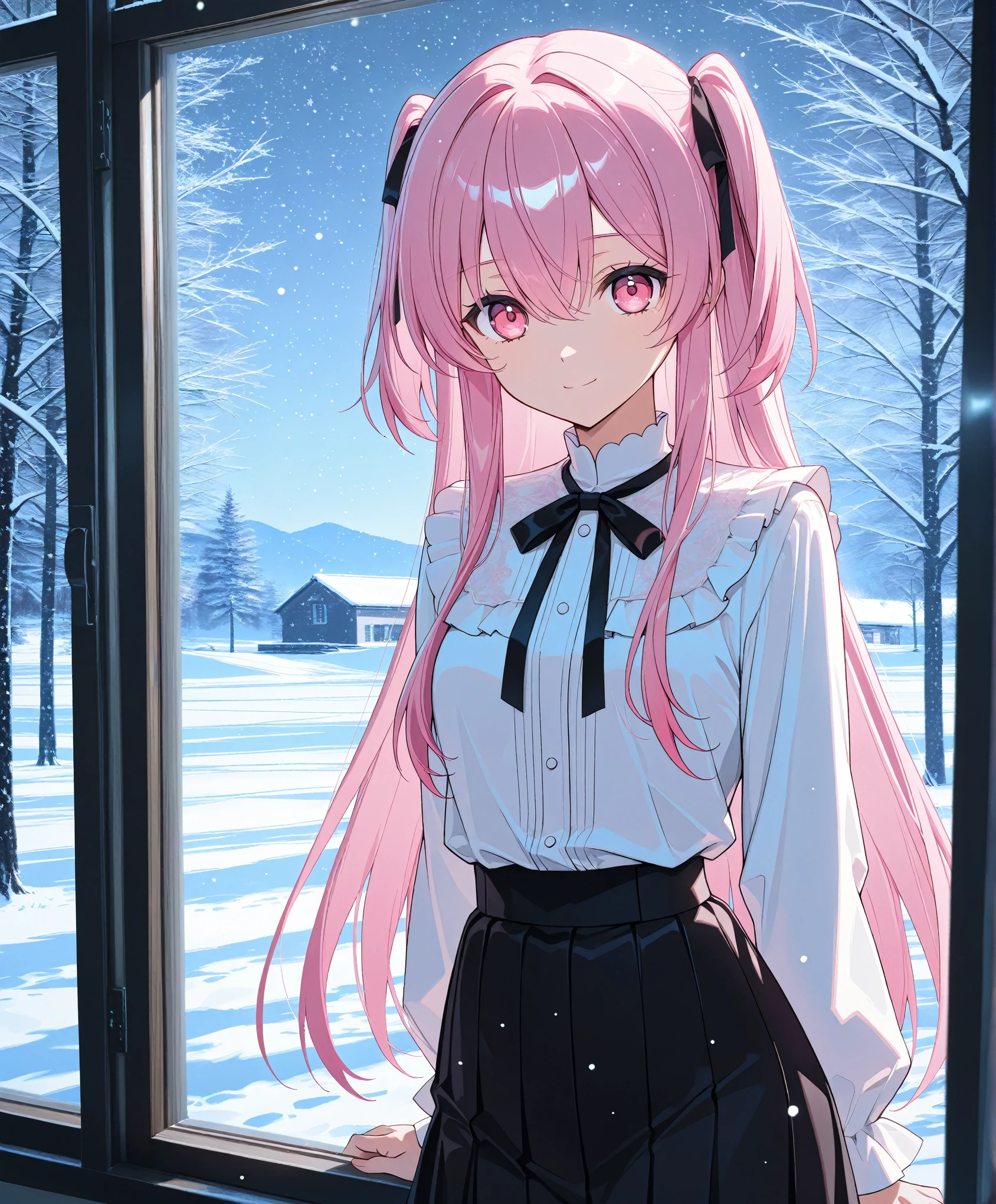 score_9, score_8_up, score_7_up, masterpiece, absurdres, source_anime,1girl, solo, adult, girl focus, adult, very detailed expressive eyes, aesthetic eyes, bright eyes, (bright pink eyes),  pink eyes, beautifully styled hair, very detailed hair, straight hair, bright pink hair, long hair, (two side up), hair between eyes, (straight hair), styled hair,  little smile, looking at viewer, small breasts, shiny skin, healthy skin colour, BREAK
(white blouse, black skirt), indoors, standing near window, snowing outside, evening, half body, cowboy shot, BREAK
HDR, 8K, masterpiece, best quality, amazing quality, very aesthetic, high resolution, ultra-detailed, absurdres, newest, scenery, 
masterpiece, scenery, aesthetic detailed background, best quality, game cg aesthetics,
 beautiful detailed eyes, detailed skin, detailed hair, light particles,  photo background, depth of field, 
(masterpiece), best quality, ultra-detailed, 1024k UHD wallpaper, ultra-high resolution, depth of field, HDR, Ray tracing, RTX, high saturation, photon mapping, best texture quality, best compotitions, (extremely detailed CG 1024k wallpaper), High Details, Detailed face, Detailed Clothes, Ultra HD Photo, Perfect Face, expressive eyes, bright colours