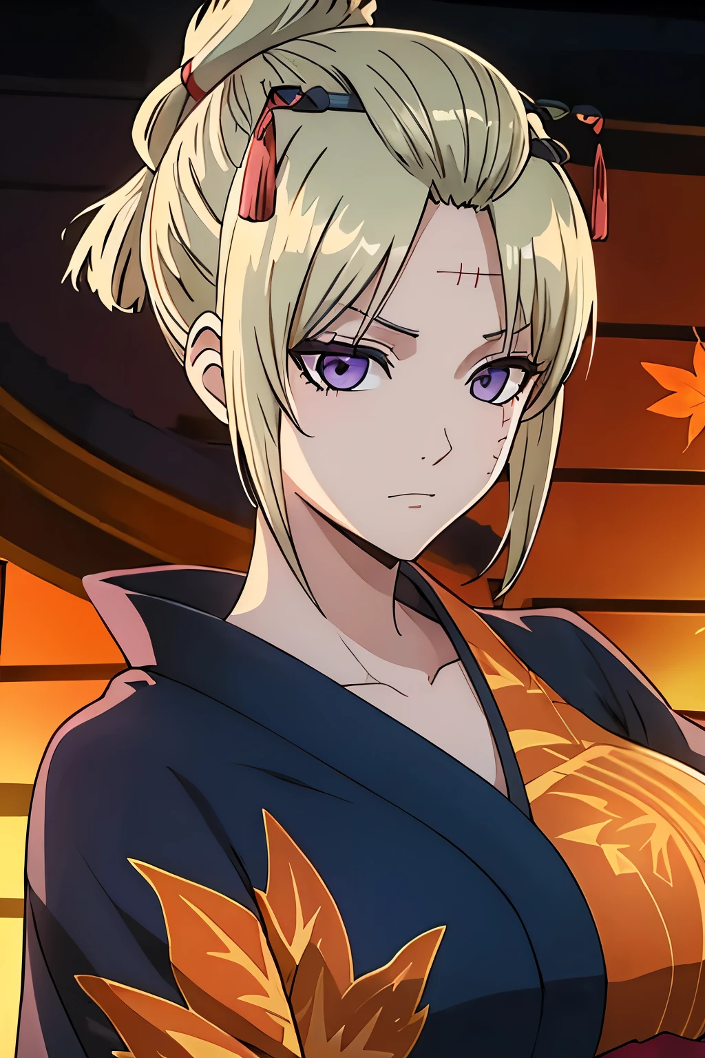 (8k, raw photo, masterpiece, extremely detailed, best quality, professional lighting, high res), BREAK beautiful and adorable girl, tsukuyo, blonde hair, purple eyes, folded ponytail, hair ornament, kimono patterned with autumn leaves, black kimono, sharp eyes, facial scar, tall height, big breast, slim body, well proportioned body