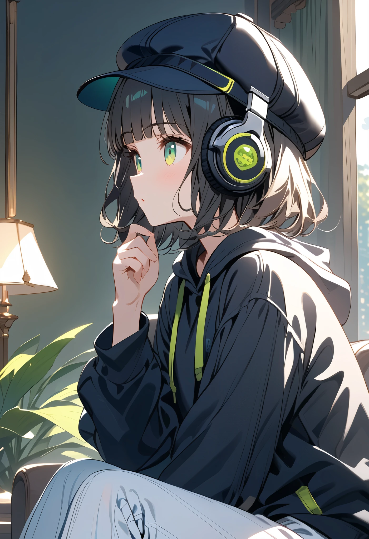 {{{masterpiece}}}, {{{ best quality }}}, {{ ultra detail }}, { cute, detail eyes},  from the side 1 girl , Alone, (black hair,bob cut,wavy hair),((green eyes)), (blunt bangs ), (((black headphones))),((black hoodie))),((cabbie hat)),(white palazzo pants),thinking,black hair,Midea,jade green eyes,living room