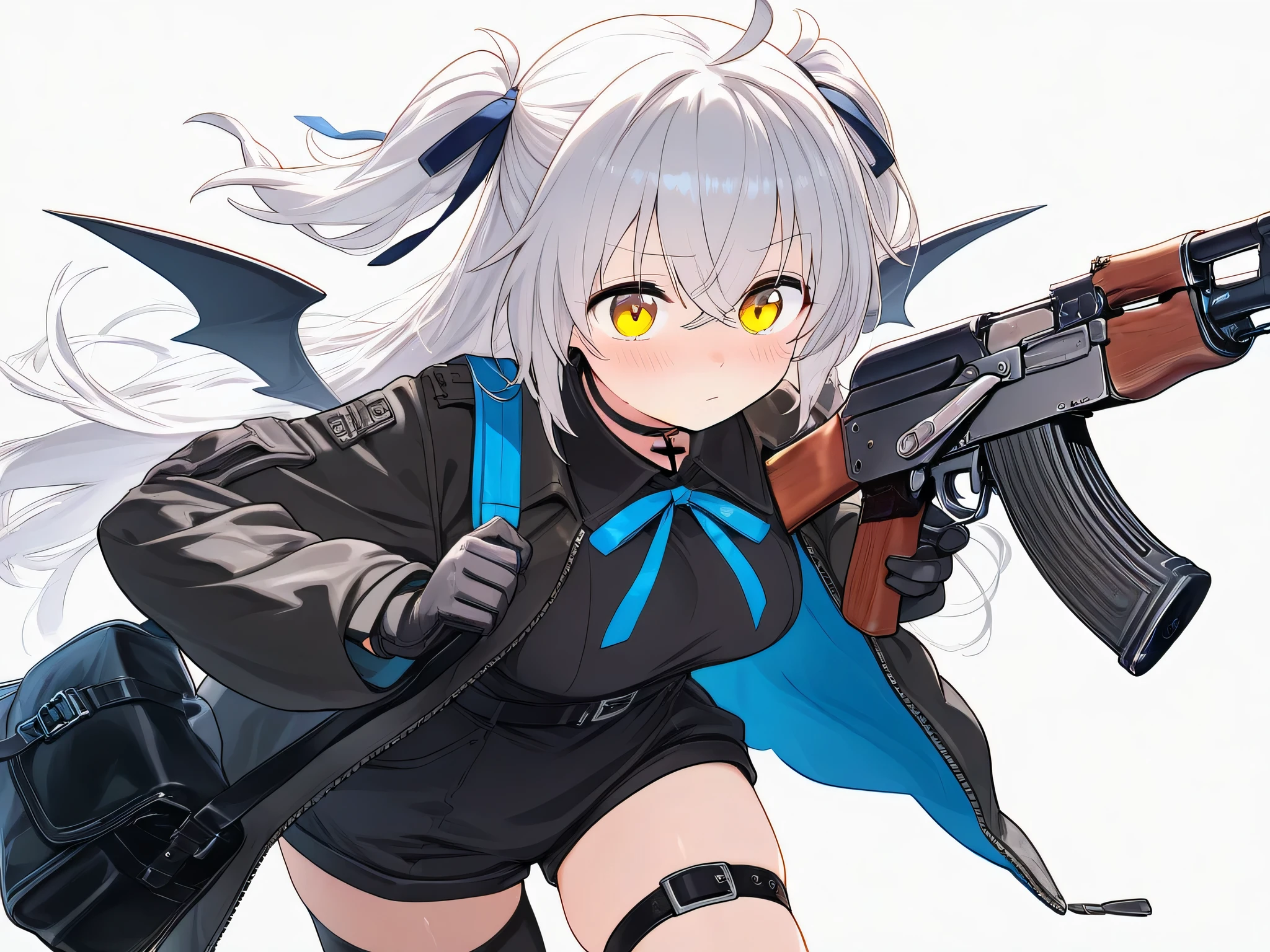 1 girl ,ahoge ,hair between eyes ,yellow eyes ,silver hair ,blush ,breasts ,holding ,mini wings ,long hair, shorts ,medium breasts ,solo ,demon girl ,demon wings ,two side up ,ribbon ,blue ribbon ,cross choker ,long bangs ,crossed bangs ,black thighhighs ,assault rifle ,asymmetrical legwear ,bag ,black dress ,black footwear ,blush ,boots ,bow ,collared jacket ,dress ,kalashnikov rifle ,long sleeves ,shoulder bag ,open clothes ,open jacket ,fanny pack ,closed mouth ,cowboy shot ,gloves ,gun ,holding ,holding gun ,holding weapon ,ak-47 ,rifle ,single thighhigh ,skindentation ,thigh belt ,thigh strap ,thighhighs ,weapon ,grim expression ,simple background ,white background ,masterpiece, best quality, ultra detailed ,