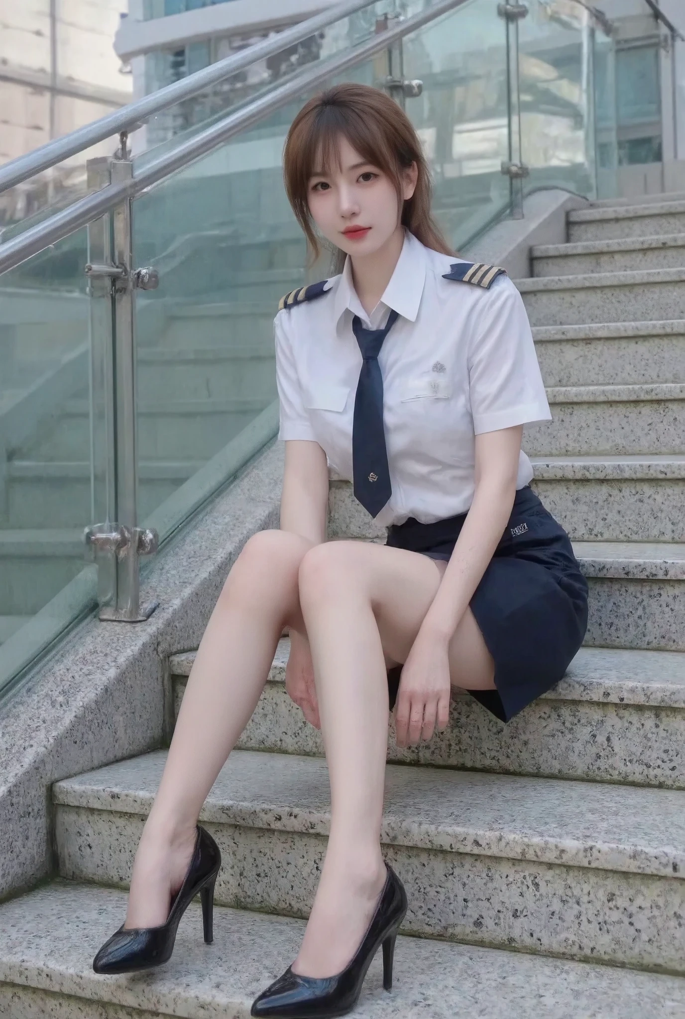 beautiful Japanese woman, self-defense officer uniform, wearing a white short-sleeve shirt, navy tie, navy pencil mini skirt, sexy black patent high heels, beautiful hip line, The whole body is reflected from the feet up, She's sitting on wide staircase next to glass office building with both legs together and tilted at an angle, low angle, brown hair, low ponytail, floating hair, View from the ground, seductive smile, Surrealism, depth of field, UHD, retina, masterpiece, accurate, anatomically correct, textured skin, super detail, high details, high quality, best quality, highres, 1080P, HD, 4K, 8k, 16k