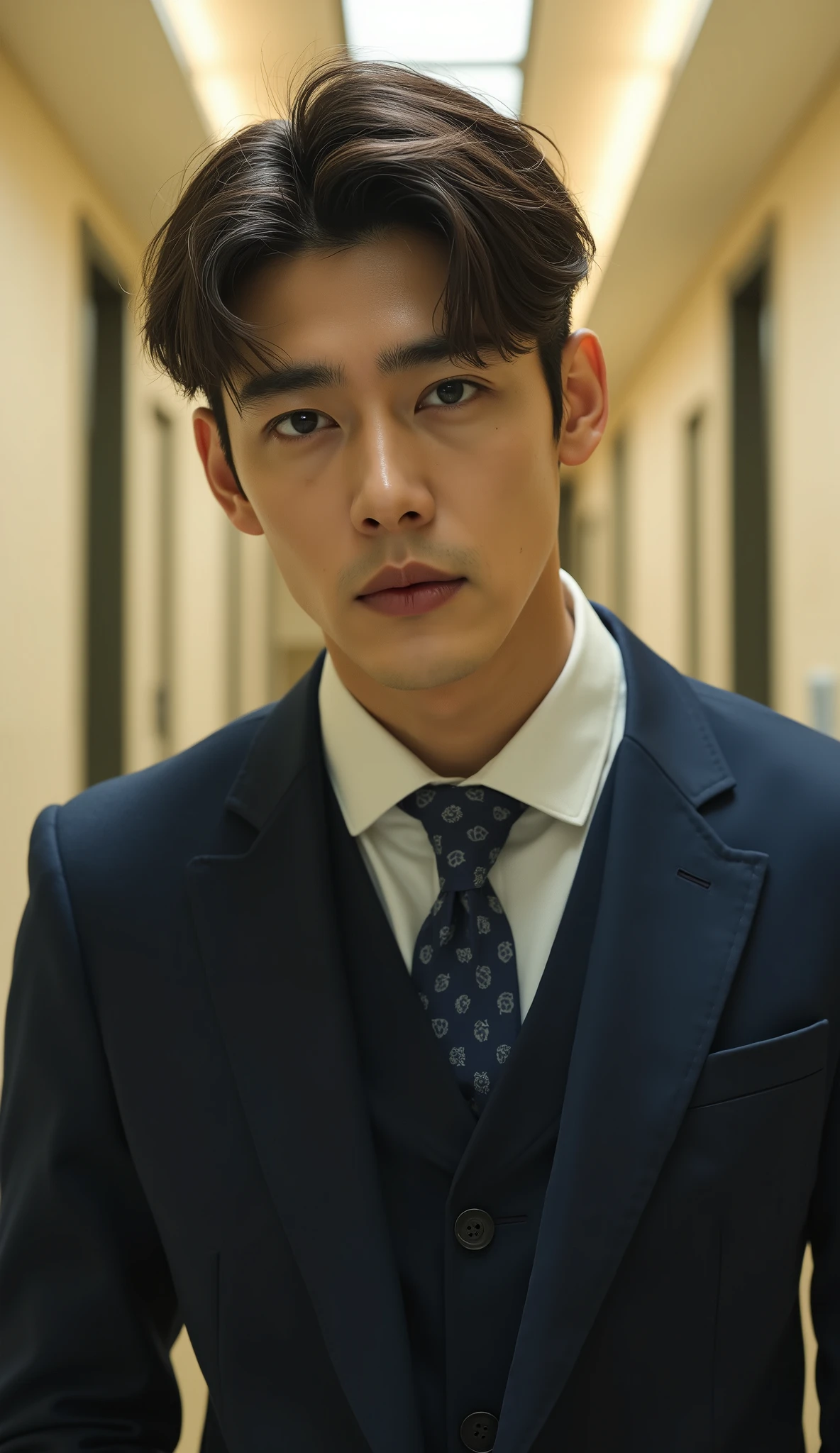 A handsome Korean man in his 30s appears at a urology hospital in Seoul, South Korea The sick patient is a man wearing a navy suit. The sick patient is trying to talk about something while looking at the camera under the warm and bright lights of the urology hospital. Dramatic composition with a movie-like scene
