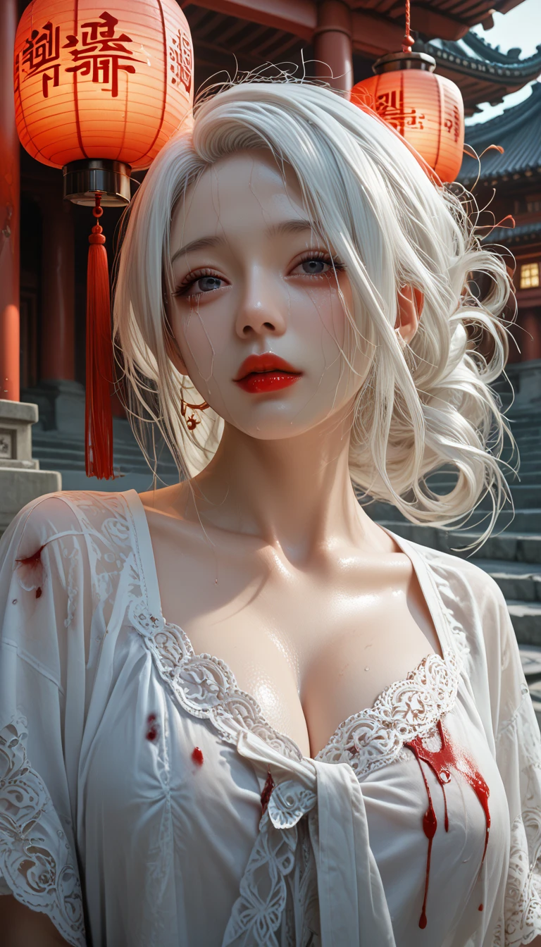 (masterpiece,   best quality  :1.2),  1 woman,   alone, Virgin Ghost,   Korean , Hanbok,  White Sobu , White hair, Temple, I, (  huge boobs   :1.4),, Lantern  ,   long, matted hair  ,  clear skin , Red lips, Shedding tears of blood,  cool atmosphere, pale blue skin, jade skin, Cover your eyes.