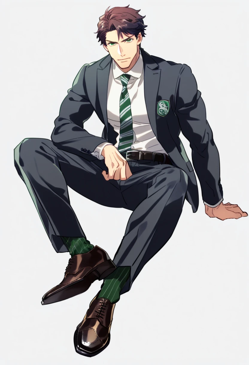 male focus, muscled male, solo, ikemen, mature, male only, tough man, bold, eyes fix, flat chest, sturdy waist, 50 years old, split toe crocodile blucher shoes, collared shirt, tie, three piece suit, belt, slacks, tight clothes, whole body, sitting, invisible chair,  looking at viewer, (white background, simple background:1.5), masterpiece, best quality, mta, showing his socked foot, long tube calf black fancy socks, dominating male pose:2, muscle, long shot, green color socks, Sebastian Sallow:2 from Hogwarts Legacy, slytherin student Sebastian Sallow