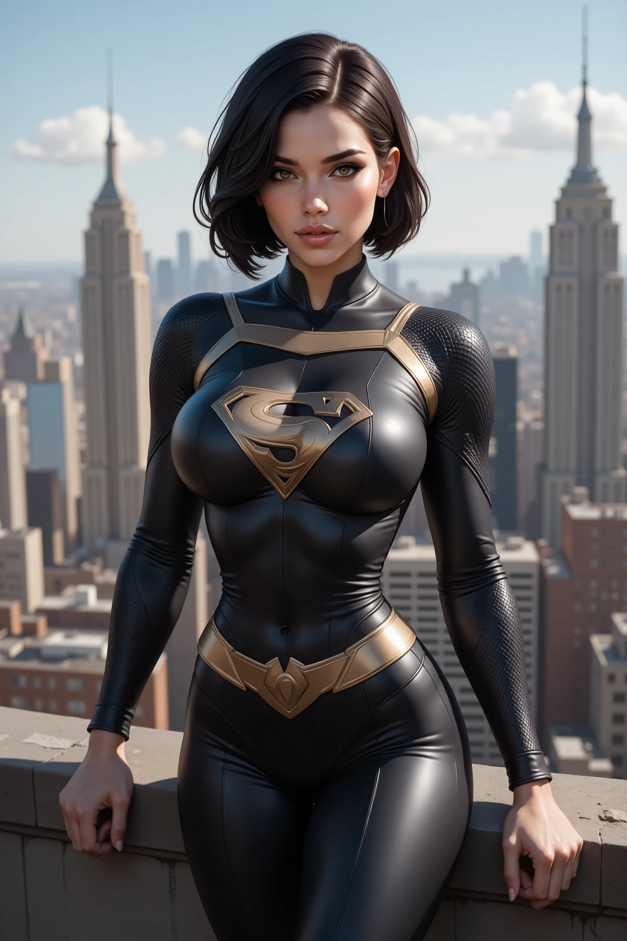 girl, black hair, very short hair, black eyes, supergirl costume without cape, very tight suit, very big breasts, ultra realistic professional photo, standing on the roof of building