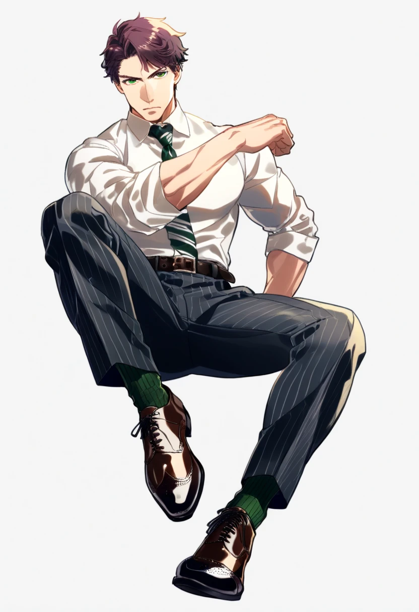 male focus, muscled male, solo, ikemen, mature, male only, tough man, bold, eyes fix, flat chest, sturdy waist, 50 years old, split toe crocodile blucher shoes, collared shirt, tie, three piece suit, belt, slacks, tight clothes, whole body, sitting, invisible chair,  looking at viewer, (white background, simple background:1.5), masterpiece, best quality, mta, showing his socked foot, long tube calf black fancy socks, dominating male pose:2, muscle, long shot, green color socks, Sebastian Sallow:2 from Hogwarts Legacy, slytherin student Sebastian Sallow