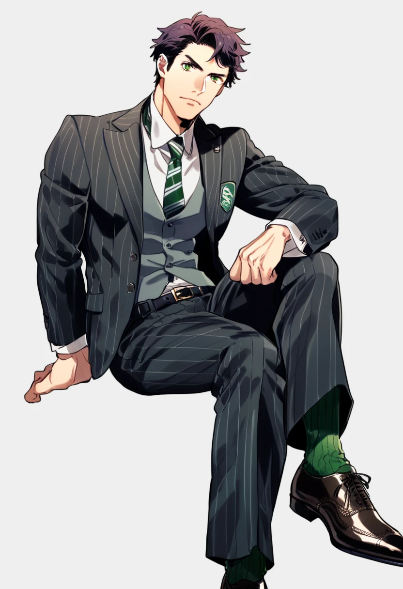 male focus, muscled male, solo, ikemen, mature, male only, tough man, bold, eyes fix, flat chest, sturdy waist, 50 years old, split toe crocodile blucher shoes, collared shirt, tie, three piece suit, belt, slacks, tight clothes, whole body, sitting, invisible chair,  looking at viewer, (white background, simple background:1.5), masterpiece, best quality, mta, showing his socked foot, long tube calf black fancy socks, dominating male pose:2, muscle, long shot, green color socks, Sebastian Sallow:2 from Hogwarts Legacy, slytherin student Sebastian Sallow