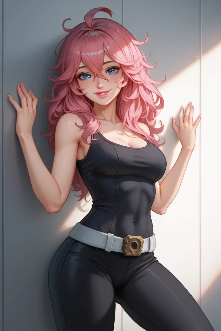 1 normal girl, 4k, HDR,  long hair, ultra cute face, beautiful lights and shadows, ultra detailed, 1girl, Solo, Breasts, Detailed Blue Eyes, Long Hot Pink Hair, Long Layers,Bangs, Hair Between Eyes, Messy Hair, Hair Over Shoulders, Accurate, Blush, Smile, Pink Lips, Wearing black compression shirt and black tactical pants, Vigilante Mask covering her eyes, Sexy Pose, Leaning against wall, Tech Lab background,  Seductive Smile, Shy, League of Legends, DC Comics, Accurate, Anatomically Correct, Detail, High Quality