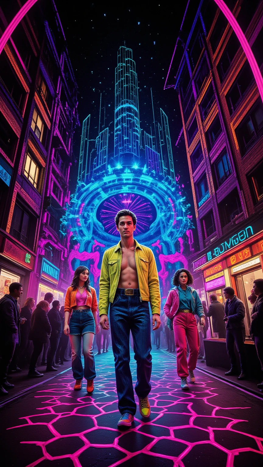 Create a hyper-realistic depiction of a vibrant 1980s music stage set against a dazzling neon cityscape. The scene features a dynamic dance models, showcasing unique 80s style clothing, complete with bold patterns and extravagant accessories. Capture the raw emotion and excitement of the moment, with models strutting confidently under bright neon lights, surrounded by an serialism fantasy dreamy magical objects immersed in the spectacle. Incorporate unusual and vibrant colors, with a backdrop of holographic elements and psychedelic designs, evoking a sense of trippy nostalgia. Include intricate details like a honeycomb pattern in the stage design, enhancing the overall atmosphere of this magical, electrifying night.