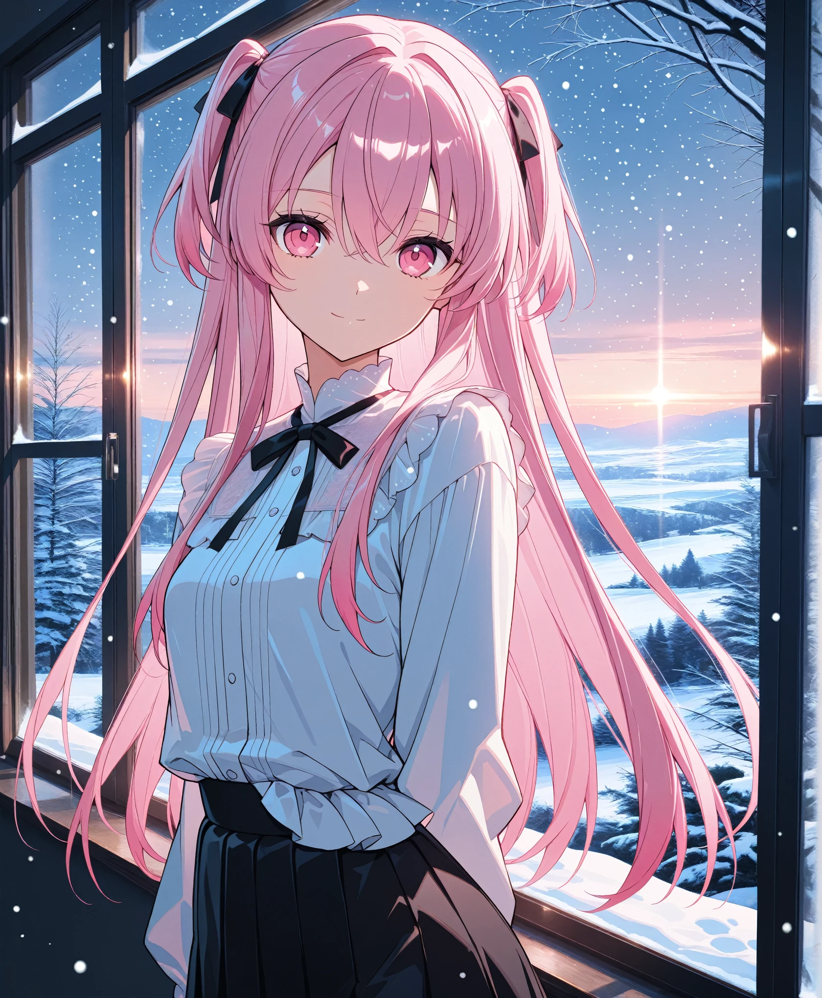 score_9, score_8_up, score_7_up, masterpiece, absurdres, source_anime,1girl, solo, adult, girl focus, adult, very detailed expressive eyes, aesthetic eyes, bright eyes, (bright pink eyes),  pink eyes, beautifully styled hair, very detailed hair, straight hair, bright pink hair, long hair, (two side up), hair between eyes, (straight hair), styled hair,  little smile, looking at viewer, small breasts, shiny skin, healthy skin colour, BREAK
(white blouse, black skirt), indoors, standing near window, snowing outside, evening, half body, cowboy shot, BREAK
HDR, 8K, masterpiece, best quality, amazing quality, very aesthetic, high resolution, ultra-detailed, absurdres, newest, scenery, 
masterpiece, scenery, aesthetic detailed background, best quality, game cg aesthetics,
 beautiful detailed eyes, detailed skin, detailed hair, light particles,  photo background, depth of field, 
(masterpiece), best quality, ultra-detailed, 1024k UHD wallpaper, ultra-high resolution, depth of field, HDR, Ray tracing, RTX, high saturation, photon mapping, best texture quality, best compotitions, (extremely detailed CG 1024k wallpaper), High Details, Detailed face, Detailed Clothes, Ultra HD Photo, Perfect Face, expressive eyes, bright colours