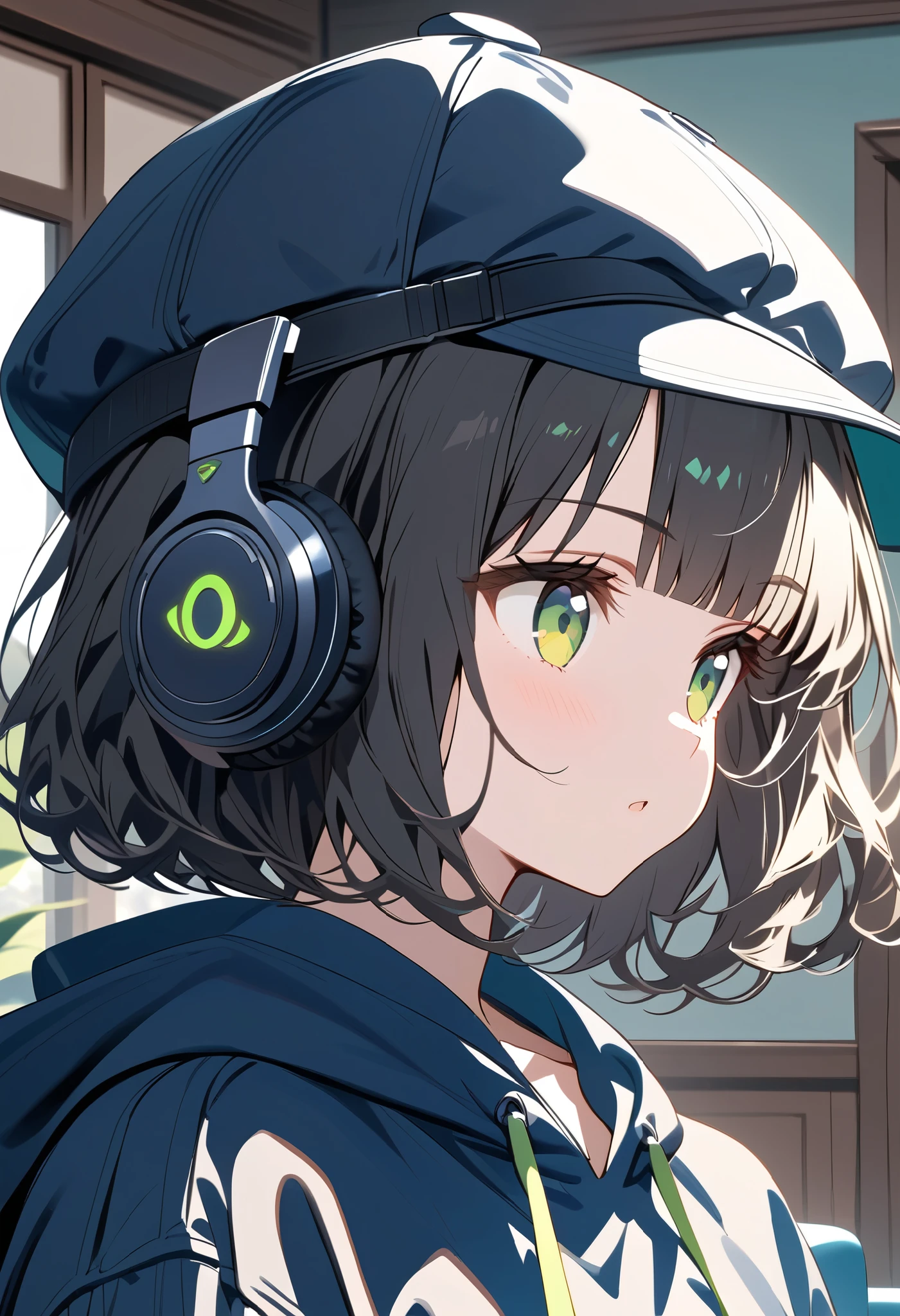 {{{masterpiece}}}, {{{ best quality }}}, {{ ultra detail }}, { cute, detail eyes},  from the side 1 girl , Alone, (black hair,bob cut,wavy hair),((green eyes)), (blunt bangs ), (((black headphones))),((black hoodie))),((cabbie hat)),(white palazzo pants),thinking,black hair,Midea,jade green eyes,living room