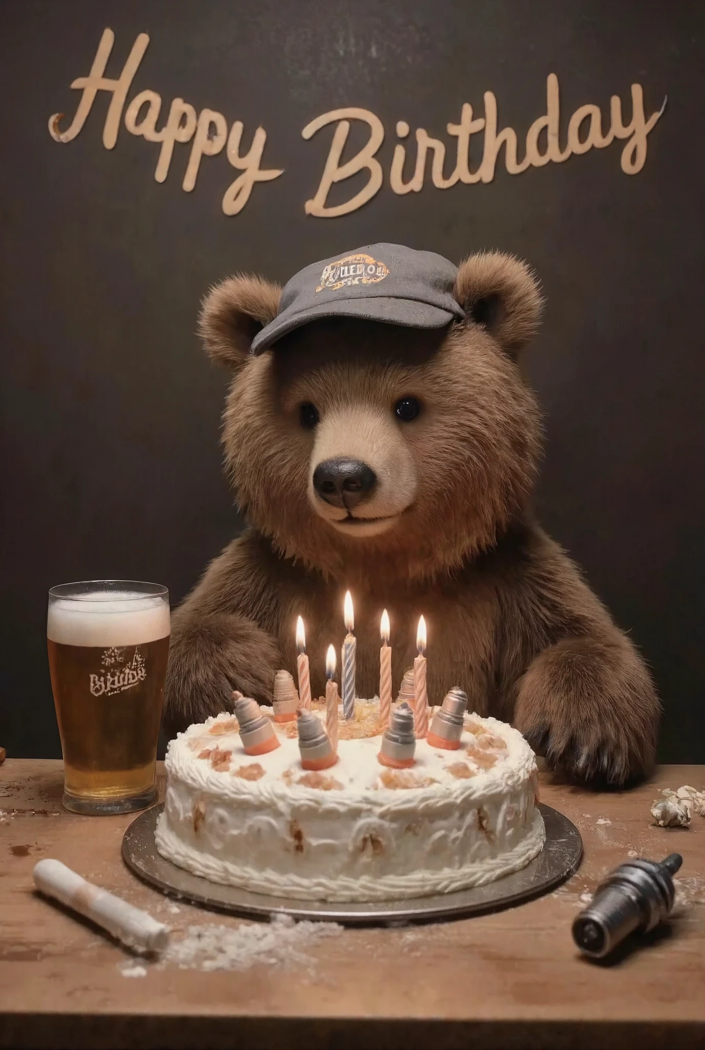 little bear celebrates a birthday, a bear sits at a table, on a table with beer and cake, a bear sits in a cap, looks at a cake with candles, car spark plugs in a cake, a bear in a cap, birthday,
