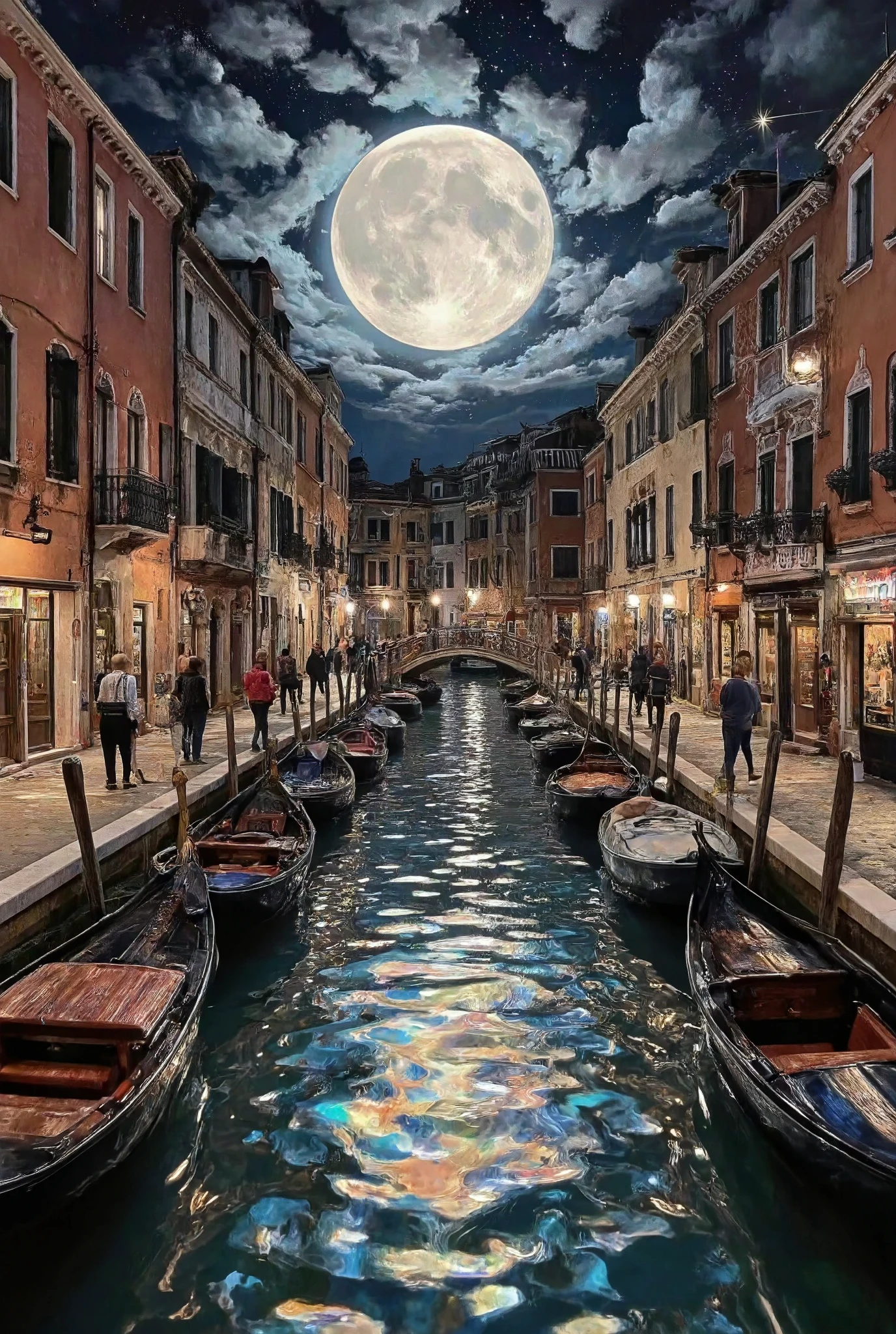 A world of black diamond color, a world where everything is iridescent black, a scene of the waterways of Venice illuminated by a huge full moon, fusion of watercolor, acrylic and collage, conceptual installation art