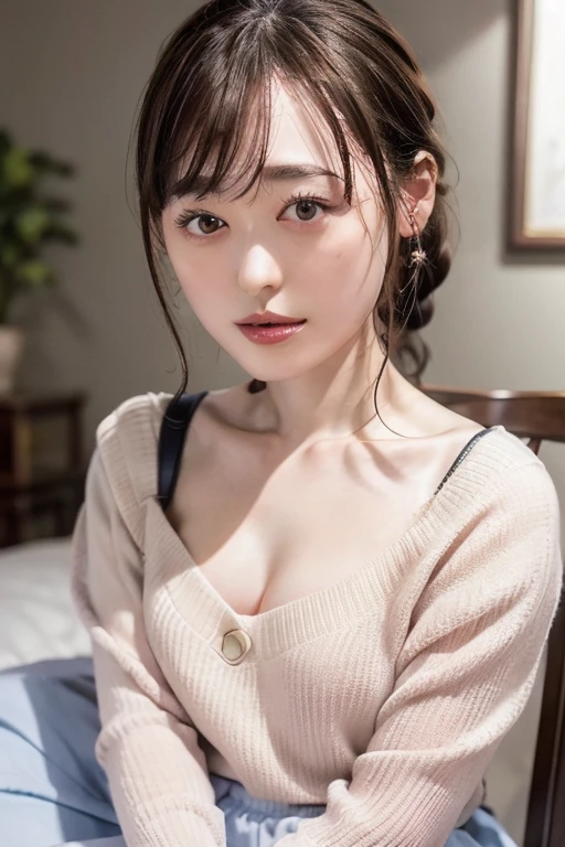 8k,  best quality , live-action,  intricate detail ,  ultra detail , ウルトラ High Resolution ,  depth field,(photo realistic, realistic:1.2),Masterpiece,4K, High Resolution ,  best quality ,  from the side 1 girl , ( very beautiful face ), Japanese , Fine Skin , ( Cinematic Lighting), clavicle,  Soft Writing ,  dynamic poses, [:( detailed face :1.2):], slender,  Pointy Brests ,backlit,  lipstick,  medium haired, full body,  skirt ,  sweater  ,  cross legs,  panties, Panties with lots of frills