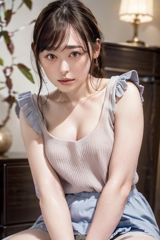 8k,  best quality , live-action,  intricate detail ,  ultra detail , ウルトラ High Resolution ,  depth field,(photo realistic, realistic:1.2),Masterpiece,4K, High Resolution ,  best quality ,  from the side 1 girl , ( very beautiful face ), Japanese , Fine Skin , ( Cinematic Lighting), clavicle,  Soft Writing ,  dynamic poses, [:( detailed face :1.2):], slender,  Pointy Brests ,backlit,  lipstick,  medium haired, full body,  skirt ,  sweater  ,  cross legs,  panties, Panties with lots of frills