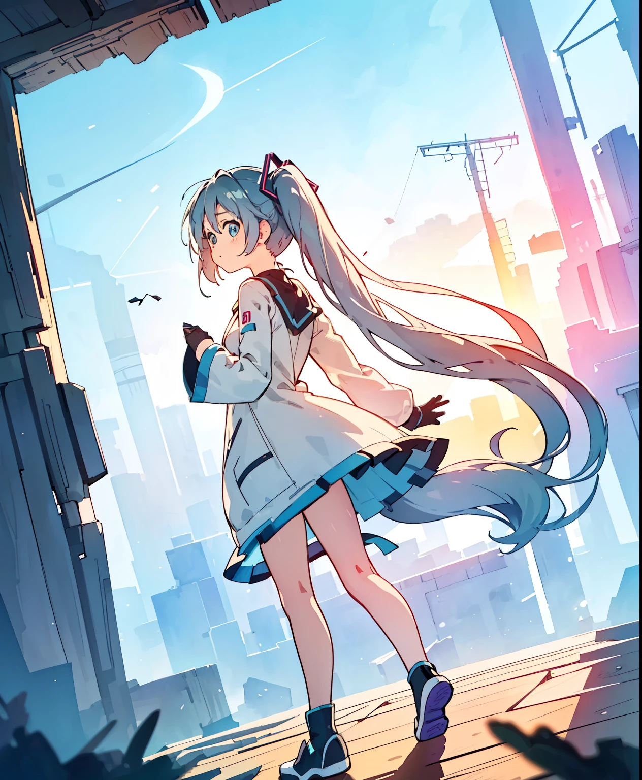(Masterpiece、 top quality 、 top quality 、 Official Art、 beautiful beautiful:1.2)、(1 person:1.3) Hatsune Miku 、 Twin Tails, beautiful breasts, Masterpiece, best image quality , Extreme clarity, anime girl with a round ponytail , petite figure, White functional coat, small, Blue-purple gradient ski goggles , cyberpunk, gray hair, Natural Casual Style , dynamic stance, golden part , Large Aperture Portrait , cool tone , intense visual impact, blank, contrast between light and shadow , super texture , Afterglow of the Sunset, Extremely Clear Images , Simple picture