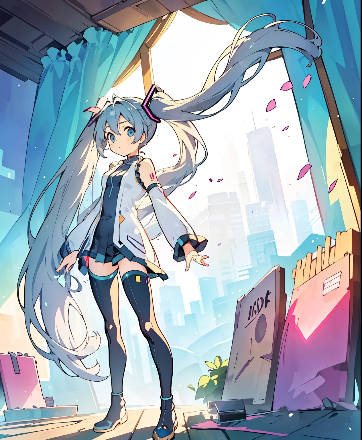 (Masterpiece、 top quality 、 top quality 、 Official Art、 beautiful beautiful:1.2)、(1 person:1.3) Hatsune Miku 、 Twin Tails, beautiful breasts, Masterpiece, best image quality , Extreme clarity, anime girl with a round ponytail , petite figure, White functional coat, small, Blue-purple gradient ski goggles , cyberpunk, gray hair, Natural Casual Style , dynamic stance, golden part , Large Aperture Portrait , cool tone , intense visual impact, blank, contrast between light and shadow , super texture , Afterglow of the Sunset, Extremely Clear Images , Simple picture