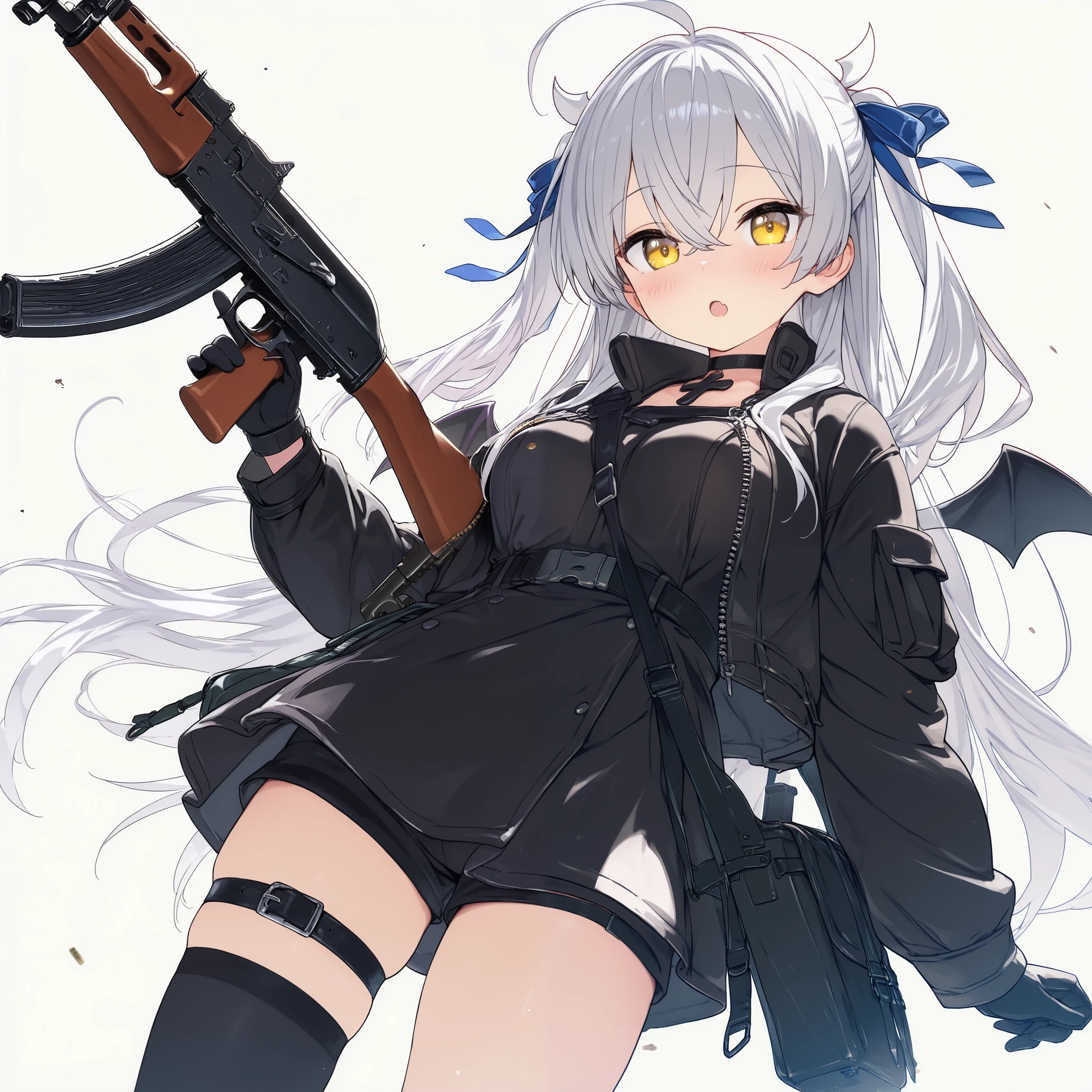 1 girl ,ahoge ,hair between eyes ,yellow eyes ,silver hair ,blush ,breasts ,holding ,mini wings ,long hair, shorts ,medium breasts ,solo ,demon girl ,demon wings ,two side up ,ribbon ,blue ribbon ,cross choker ,long bangs ,crossed bangs ,black thighhighs ,assault rifle ,asymmetrical legwear ,bag ,black dress ,black footwear ,blush ,boots ,bow ,collared jacket ,dress ,kalashnikov rifle ,long sleeves ,shoulder bag ,open clothes ,open jacket ,fanny pack ,open mouth ,cowboy shot ,gloves ,gun ,holding ,holding gun ,holding weapon ,ak-47 ,rifle ,single thighhigh ,skindentation ,thigh belt ,thigh strap ,thighhighs ,weapon ,simple background ,white background ,masterpiece, best quality, ultra detailed ,