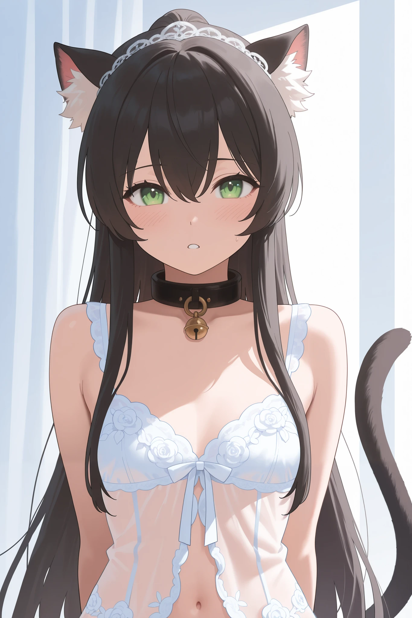 NSFW,masterpiece, best quality , High Resolution , very detailed,Rem Gallew 、 long hair、bangs、 black hair、 animal ears 、 hair between your eyes、非常に long hair、 green eyes、tail、 side lock、Cat ears、 cat's tail、 animal ears の毛, little chest, Wedding Lingerie