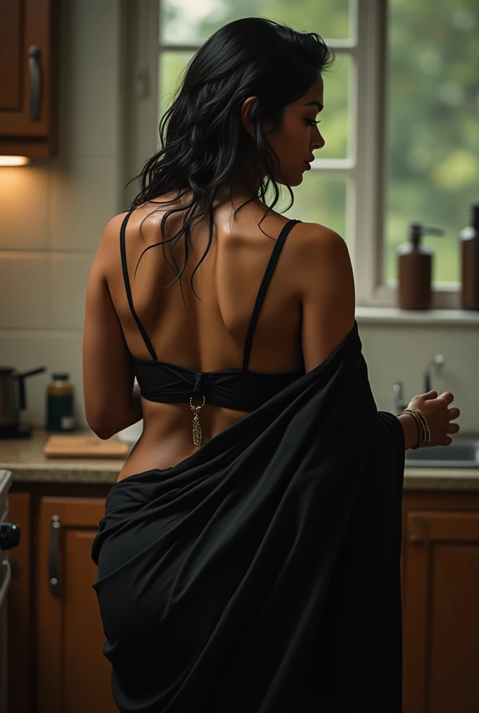 from bottom view, extreme close up photo of back of Anushka shetty with black lace saree, big cheeks, curvy, hourglass figure, swooping breasts, deep cleavage, open arms, sexy armpits, holding vessel and standing with wide open spread legs in kitchen, necklace, (cinematic:1.3), intricate details, (ArtStation:1.2)