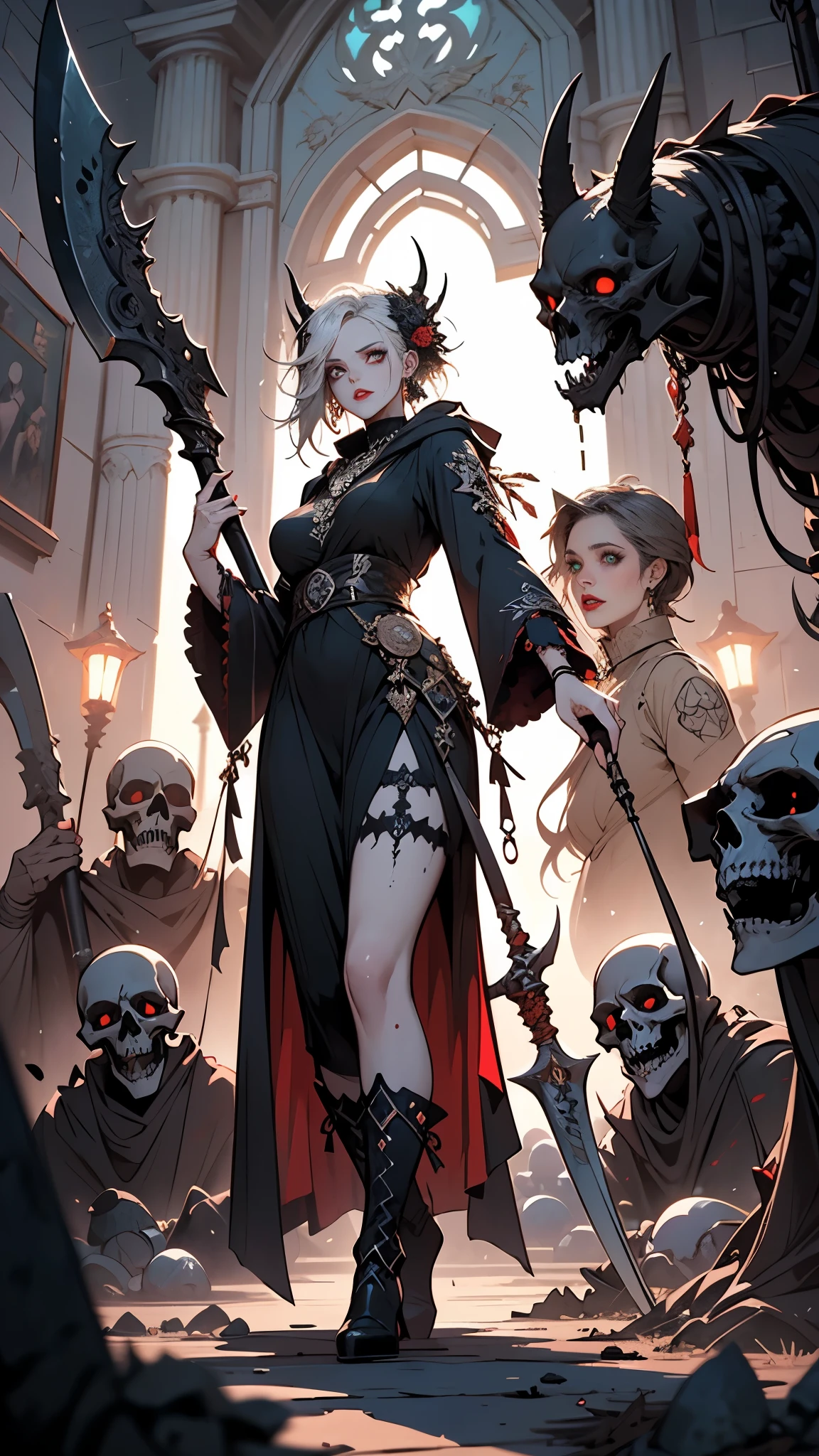 Alone, Sexy Woman, (grim Reaper), (shining big scythe, sharp scythe with blood , ((standing and beckoning)), skeleton in one hand), front view, from below, horror style, white hair, perfect fair skin, faint smile , perfect sexy face, beautiful green glowing eyes, sharp nose, beautiful red lips, seductive body, tall, 8heads, (perfect correct rendering, perfect fingers, perfect limbs), intricate designed black hooded robe, black tight boots, legs, horror, shouldering a big scythe, I can see a ghost behind her, aura, silver necklace, earrings, (perfect description in background, black, nightmare, midnight, Graveyard, Gate of Hell), best quality, incredibly absurdres, realistic , ultra beautiful resolution, extremely detailed painting, uncompromising, anatomically correct, masterpiece, perfect, intricate accurate rendering, perfect lighting, optimized colors in the painting, Magnificent artwork, evil spirits