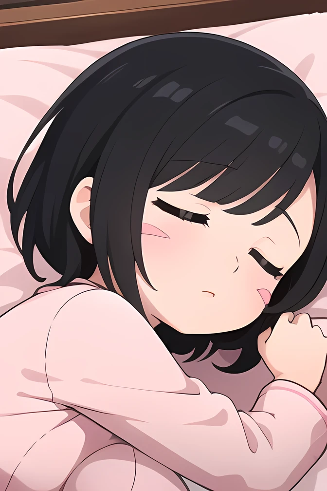 ((a woman lying in bed:1.5)),mature couple, break/, One Mature Woman ,iris, soft lips , dark eyes,( small eyes ),(Hanging eyes),((( black hair))),((( shortcut))),(Short stature),(huge breasts),( pink pajamas:1.2), no bra,( pink pants:1.2),(((sleeping face:1.4))),break/,(((upper body))),Close up on woman's face,bedroom,