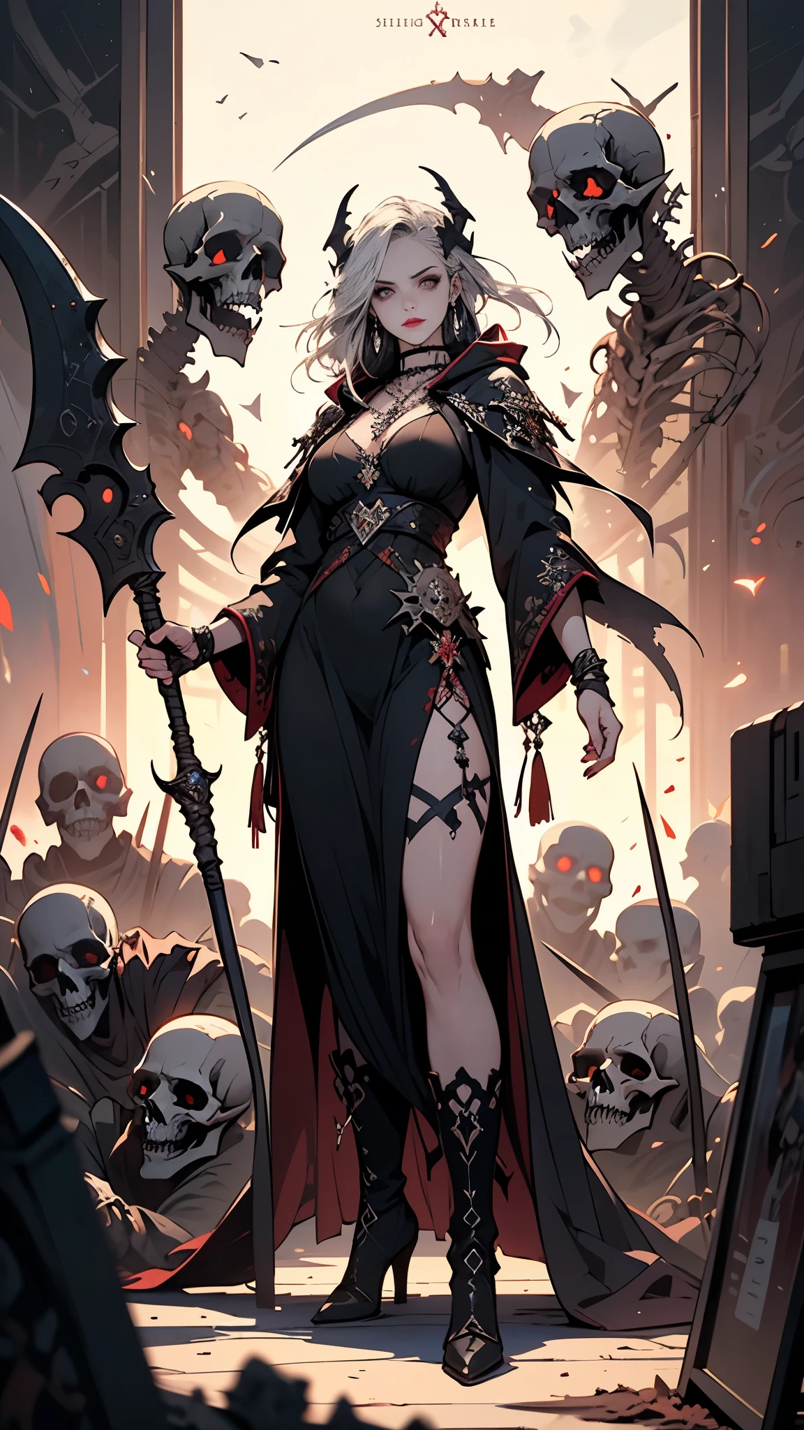 Alone, Sexy Woman, (grim Reaper), (shining big scythe, sharp scythe with blood , ((standing, X)), (((beckoning you))), skeleton in one hand), front view, from below, horror style, white hair, perfect fair skin, faint smile , perfect sexy face, beautiful green glowing eyes, sharp nose, beautiful red lips, seductive body, tall, 8heads, (perfect correct rendering, perfect fingers, perfect limbs), intricate designed black hooded robe, black tight boots, legs,  horror, shouldering a big scythe, I can see a ghost behind her, aura, silver necklace, earrings, (perfect description in background, black, nightmare, midnight, Graveyard, Gate of Hell), best quality, incredibly absurdres, realistic , ultra beautiful resolution, extremely detailed painting, uncompromising, anatomically correct, masterpiece, perfect, intricate accurate rendering, perfect lighting, optimized colors in the painting, Magnificent artwork, evil spirits