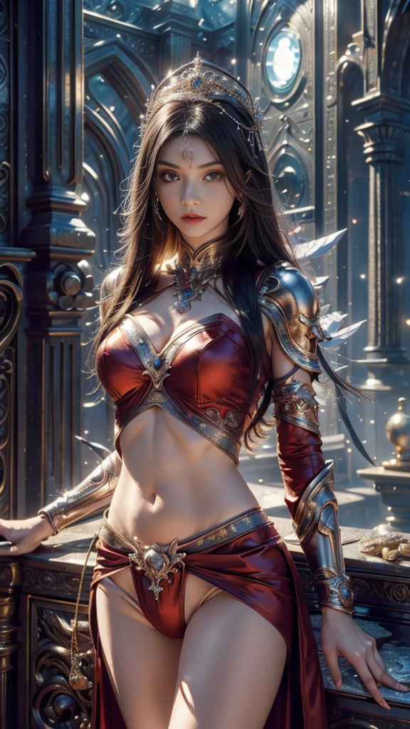 beautiful and delicate woman,The eyes and face are very detailed., exquisite eyes, super detailed, high resolution, The content is very detailed.,Best Quality,Enlightenment,Unit,8K Wallpaper,Masterpiece,Best Quality,Imagine,1 girl,Wear a sexy red bikini armor.,The armor has patterns.,Red style priest's mantle,priest hat,standing posture,long legs,Put on red boots,Look at the audience,in front of the audience,long flowing hair,Surreal 8000g,flawlesasterpiece,professional artwork,famous work of art,light,film bloom,Perfect face,pretty face,Fancy,dreamy and magical,unreal,intricate details,Exquisite pattern…Korean woman face.