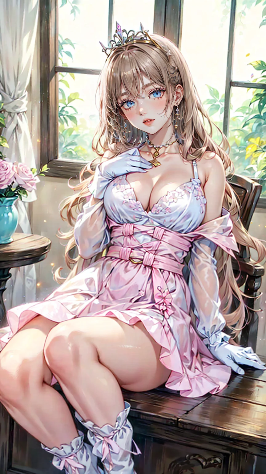 1 female　Lady　Smiling Kindly　Pink Dress　Headband　Big Breasts　stockings　Sit on the sofa　Sitting on the throne
