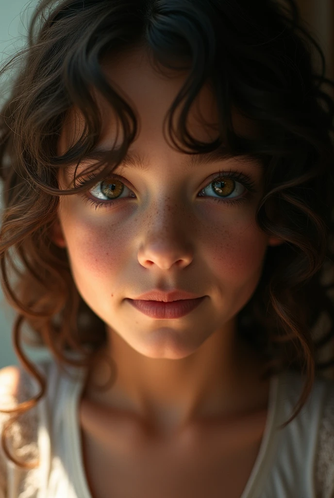 I want a photo of an emotion from the movie Inside Out by Pixar. She has curly hair with brown hair and dark brown eyes.