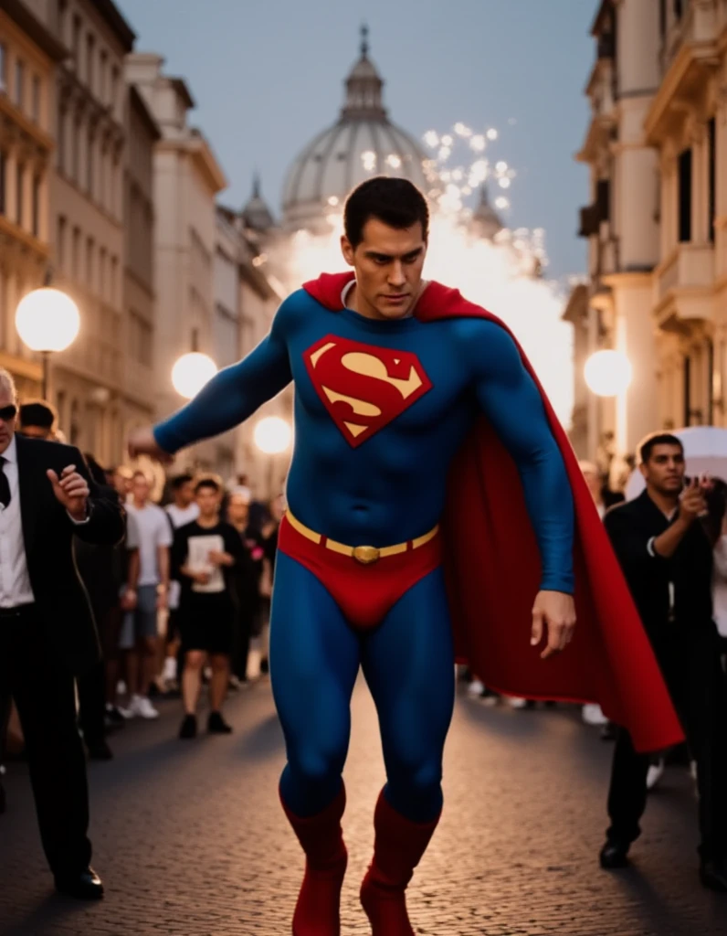 In a chaotic street scene, a buff man in a superman costume (think movie version of Superman-black undercut, blue tights and red cape and red boots and red briefs)  This is the wedding of Superman in St .  St Peter's Cathedral .  Trump US President wearing a suit  ,  Superman lift Trump in a princess Way and Fly to the Church with Trump.  Superman look Trump with love .
The background is St  .  St Peter's Cathedral  packed with people celebrating superman’s wedding.   Now full of fireworks celebrating their wedding  ..full body photo.They kiss each other