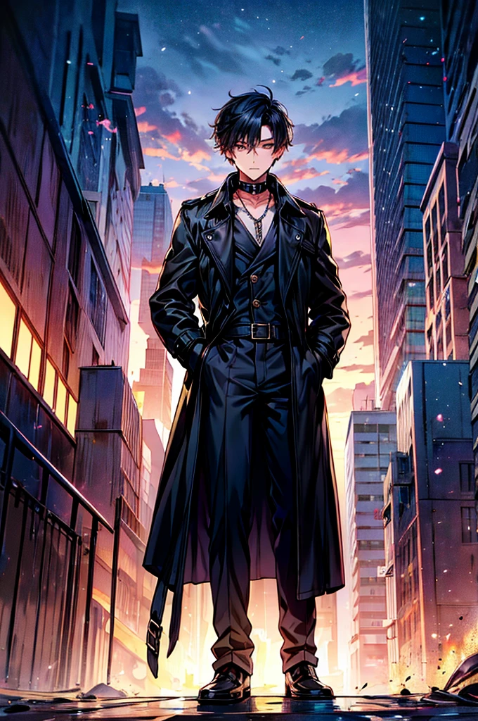 Golden-eyed young man with short black hair，Wearing a shirt，Stand in the dark with a black trench coat outside。Wearing a black collar around the neck