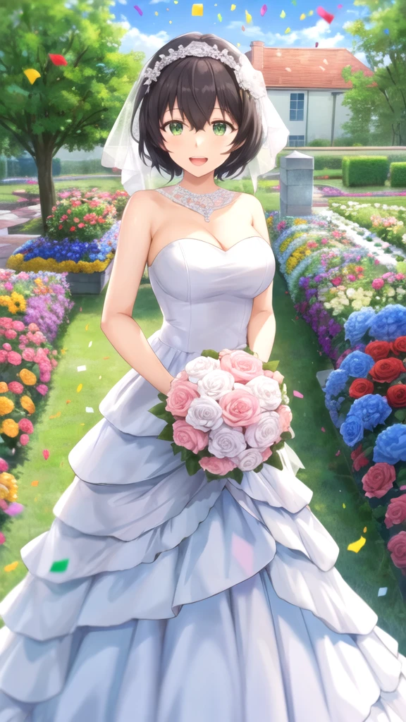 masterpiece, best quality, girl, solo, looking at viewer, natsuo_fujii, black hair, green eyes, large breasts, wedding Dress, standing, garden, confetti, holding bouquet, smile, open mouth 