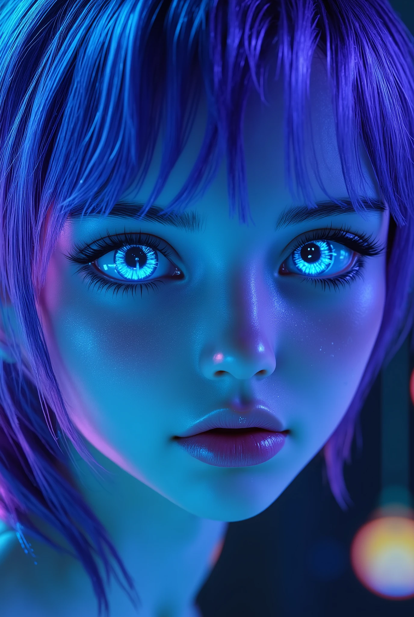 ( highdefinition images、Pro Work 、Artistic、's greatest masterpiece、 Draw realistically accurately with detailed details 、 Detailed texture :1.2)、( Beautiful in complete darkness 17--old l、Purple hair 、青い地球に照らされている美しい facial hair 、Small chin、 has big eyes、 Feeling slightly apart between eyes 、(Blue Eyes、 Blue Earth reflected in big eyes )、Beautiful Nose、Thick lips、( facial hair {x} pores express the texture of the skin in detail)、(( facial hair 、Face sticking out )):1.5)