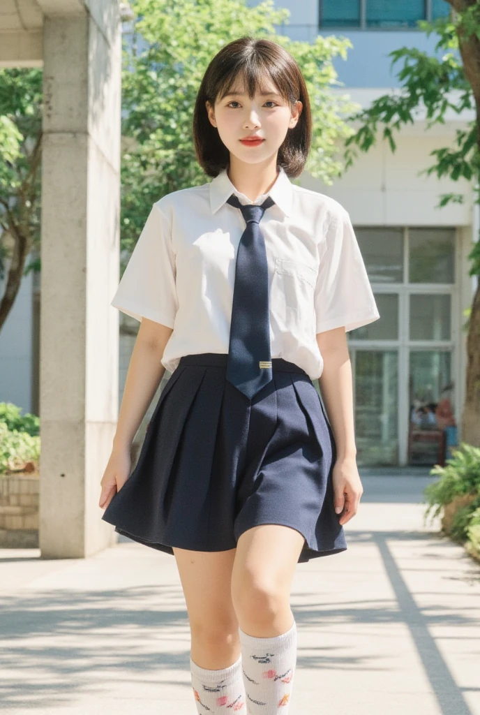 ((highest quality, 8K, masterpiece :1.3)), Photorealistic、Ultra-high resolution、Natural skin texture、Hyperrealism、Photograph from the knee up、12 year old beautiful Japanese girl、White collared shirt and tie、mini skirt、Serious expression
