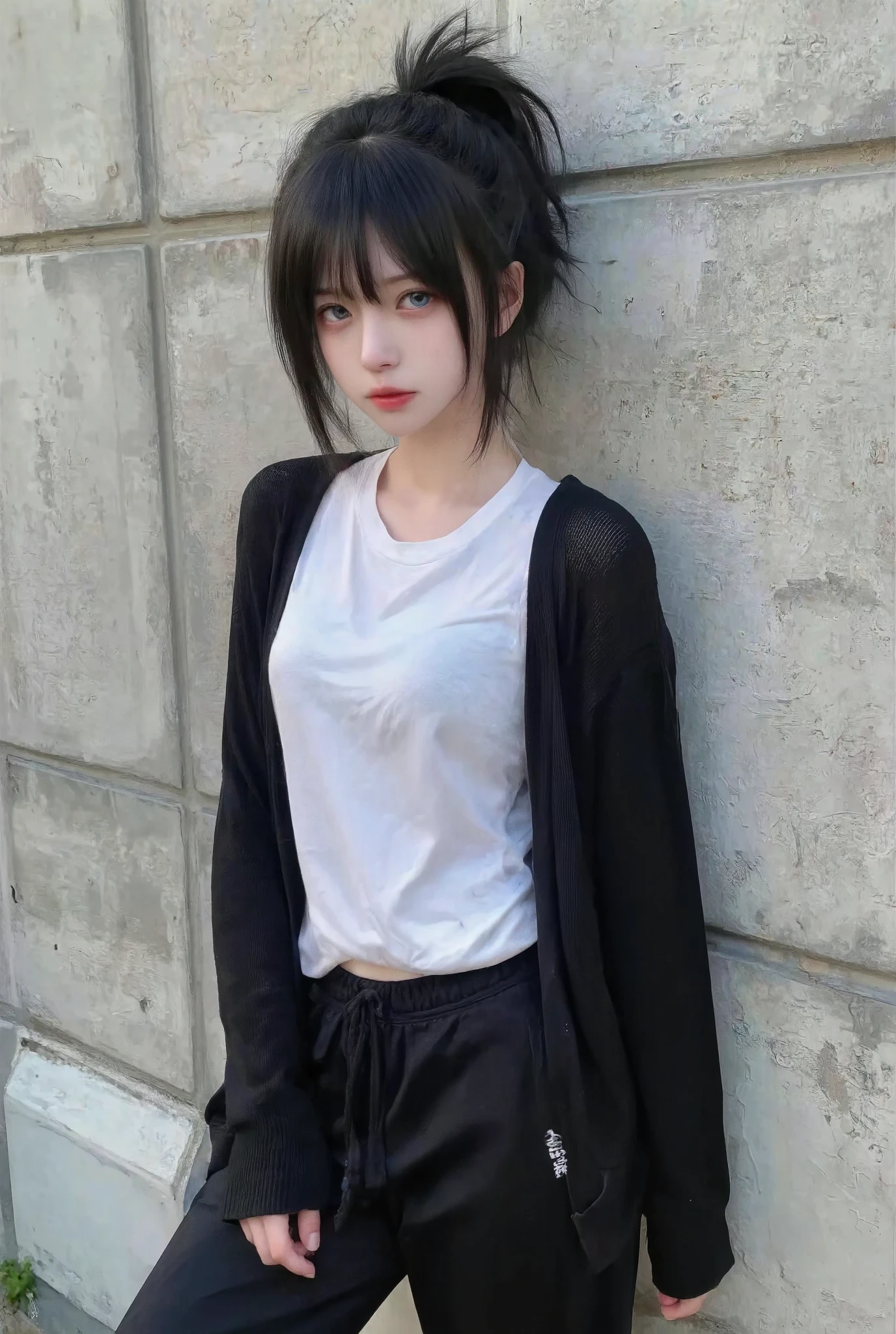 1 Girl,  unique ,  masterpiece, Best_quality, photo shoot,  looking at camera, Young Gardevoir, Tired expression, Pokémon, Pokémon (game), game freak, Nintendo, (Porcelain skin),  blue eyes, (Black Hair), (  messy hair with a ponytail ), Black cardigan, Loose T-shirt,  Black Sweatpants , gen 3 Pokémon, Pokémon (biology),  White Skin, Concrete background, leaning 