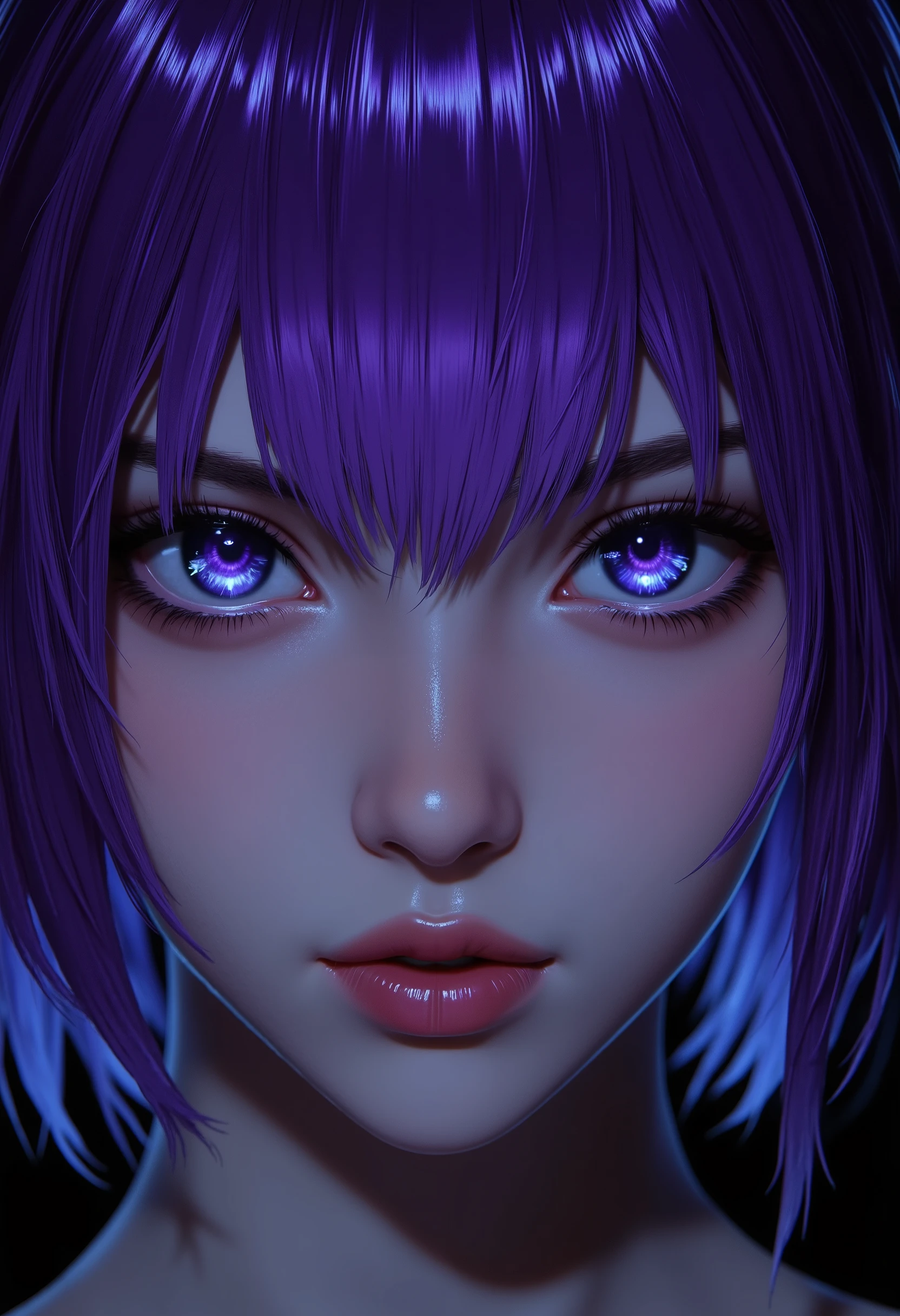 （ highdefinition images、Pro Work 、Artistic、's greatest masterpiece、 Draw realistically accurately with detailed details 、 Detailed texture :1.2）、（ Beautiful in complete darkness １7-year-old girl、Purple hair 、青い地球に照らされている美しい facial hair 、Small chin、 has big eyes、 Feeling slightly apart between eyes 、（Blue Eyes、 Blue Earth reflected in big eyes ）、Beautiful Nose、Thick lips、（ facial hair {x} pores express the texture of the skin in detail）、(( facial hair 、Face sticking out )):1.5）