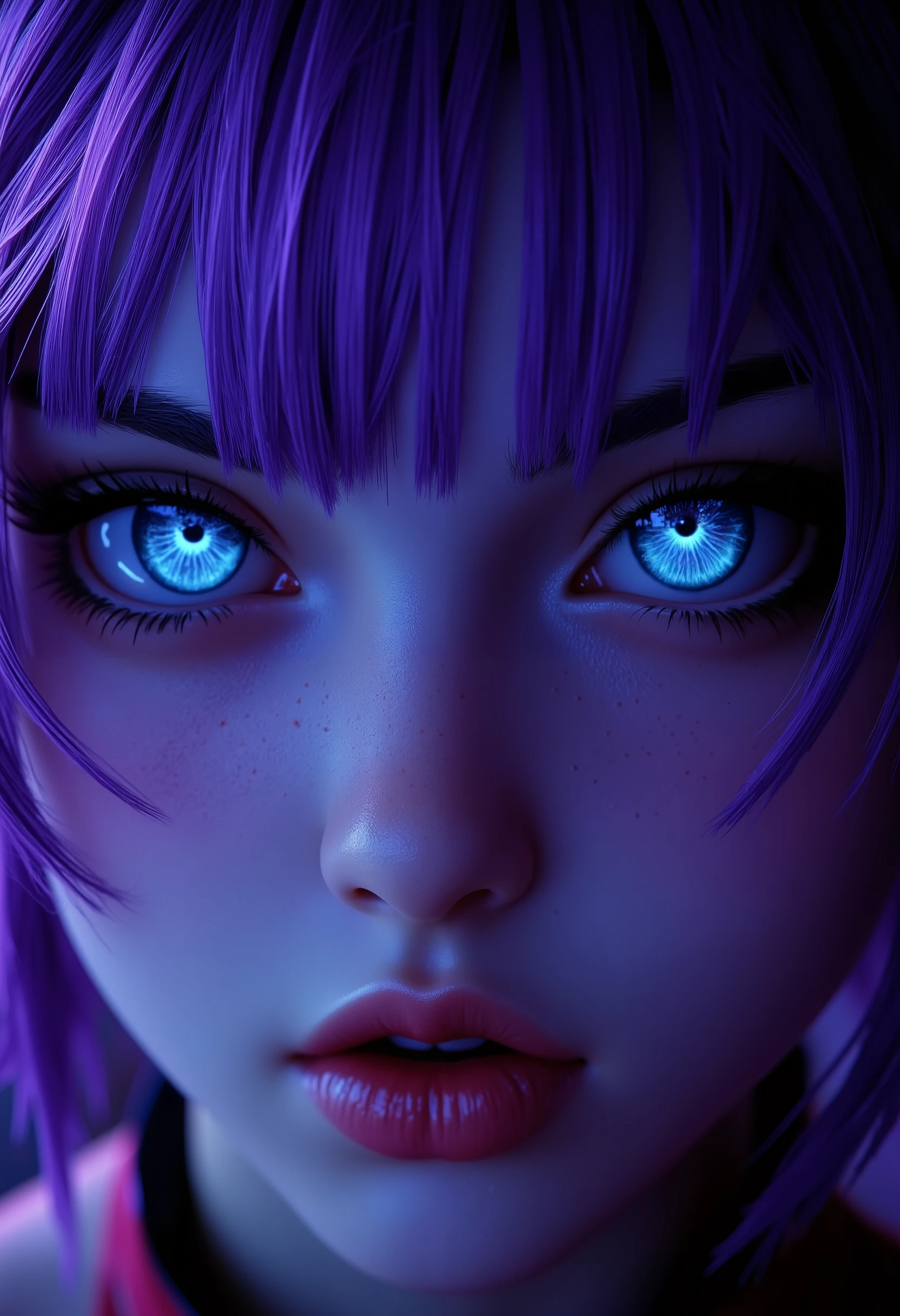 ( highdefinition images、Pro Work 、Artistic、's greatest masterpiece、 Draw realistically accurately with detailed details 、 Detailed texture :1.2)、( Beautiful in complete darkness 17--old l、Purple hair 、青い地球に照らされている美しい facial hair 、Small chin、 has big eyes、 Feeling slightly apart between eyes 、(Blue Eyes、 Blue Earth reflected in big eyes )、Beautiful Nose、Thick lips、( facial hair {x} pores express the texture of the skin in detail)、(( facial hair 、Face sticking out )):1.5)