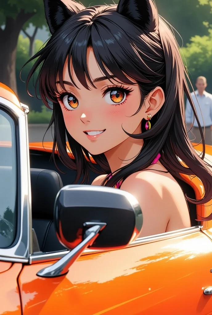 If there's a cute girl in her ２０ generation who drives an orange car、smile、  + perfect face. 、  top quality ,   wolfcut,   movie light effects,    shooting test model   , Side Shot 