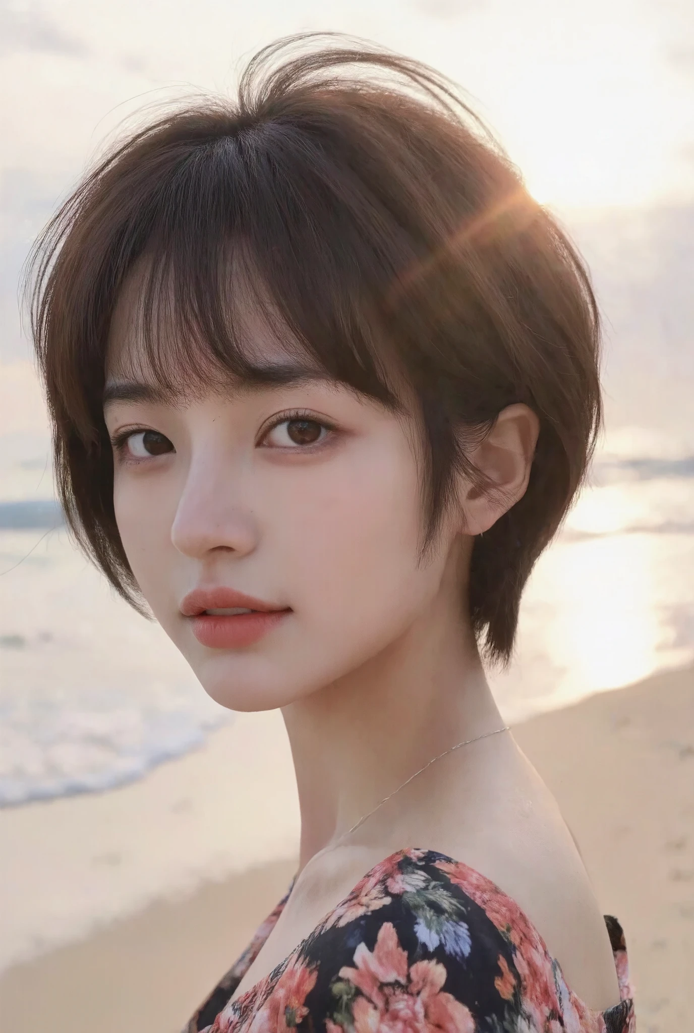 ( nlnnnx _1985-1987_v1.4 grams :0.5),  nlnnnx , Short hair, (  sharp focus :1.2), portrait, existtractive young woman, ( beautiful face :1.1),  meticulous eyes ,  full lips, (Eye Makeup:1.2), ( firm body :1.2), Wear (Floral skirt:1.2) exist (beach:1.2). (The morning sun shines:1.2), Depth of Field, Bokeh, 4K, HDR. by (James C.. Christensen:1.2|Jeremy Lipking:1.1).