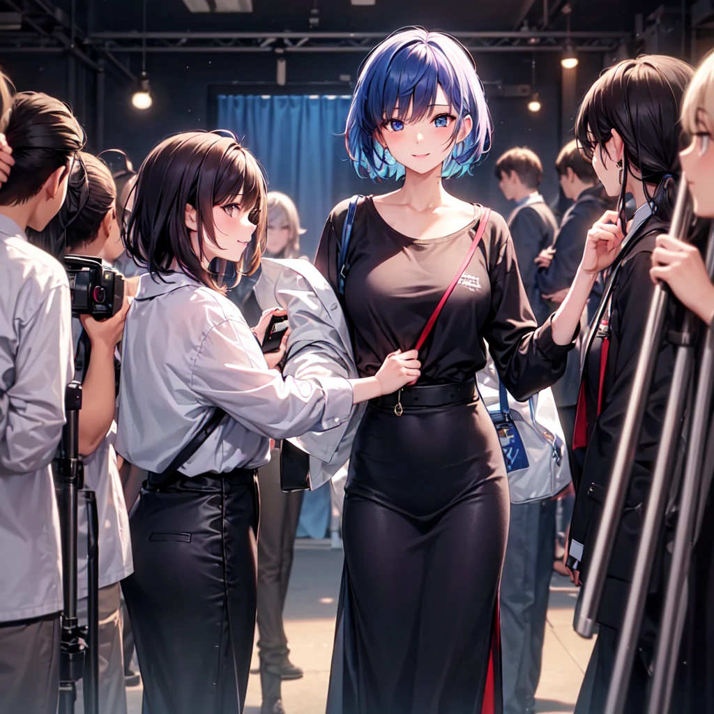 masterpiece,best quality, 2girls,solo,blue hair,cigarette,embarrassed:1.4,business suit,3D animation, Pixar style,physically based rendering,ray tracing,chiaroscuro,half-shadow, global illumination,ambient occlusion, depth of field, dramatic shadows, warm and cool tones:0.3, rim lighting, subsurface scattering, atmospheric perspective, volumetric lighting, realistic shadows, soft shadows, backlit, bloom, flares, god rays, neon lights:0.5, reflections, highlights, bokeh, <lora:vividImpactfulStyle_v40g:0.4>