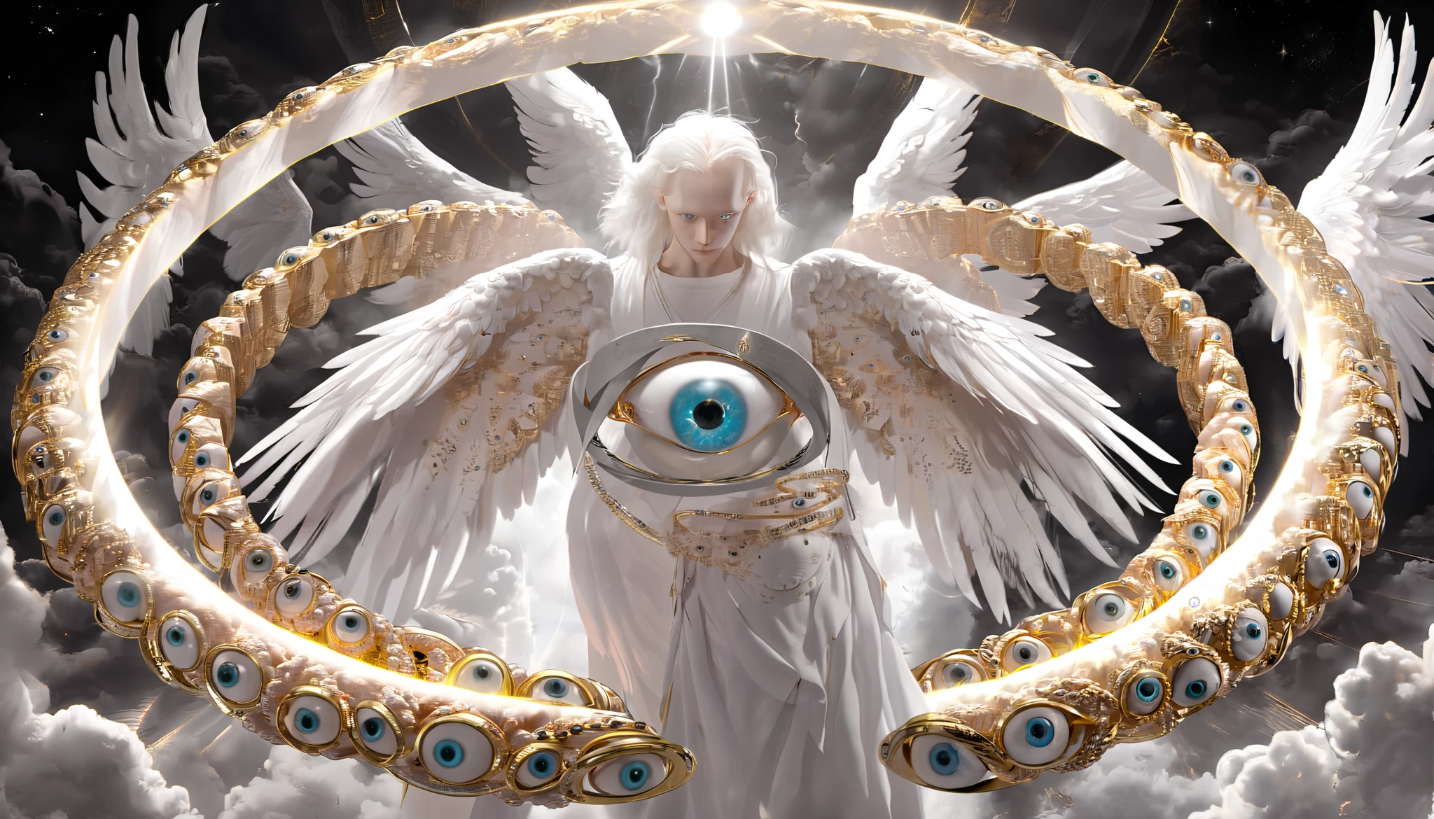 Seraphim,  mystical creature with hundreds of eyes and wings,  shaped like a giant ring ,  Circular rings around the body ,  massive size , angelic lights  