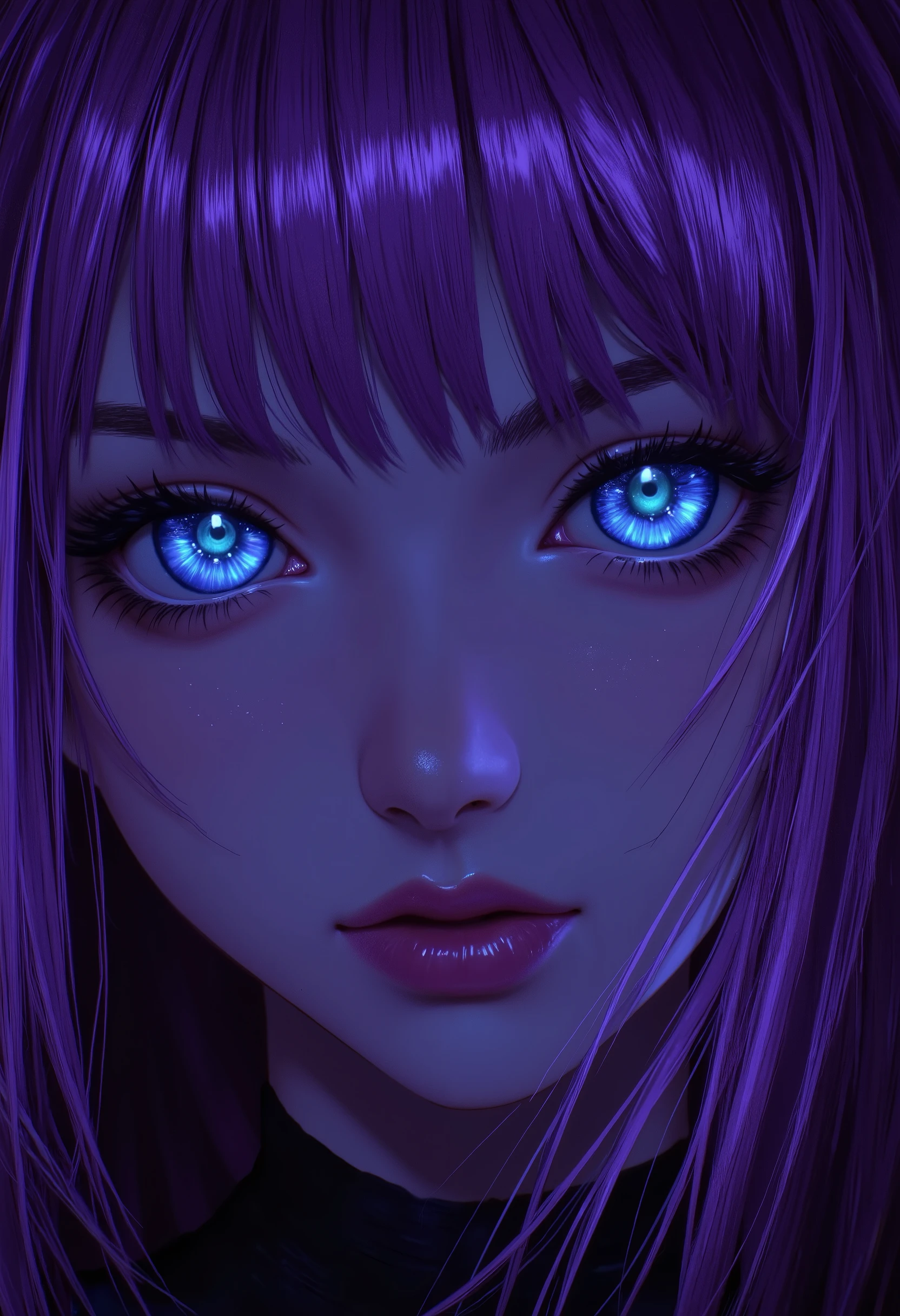 ( highdefinition images、Pro Work 、Artistic、's greatest masterpiece、 Draw realistically accurately with detailed details 、 Detailed texture :1.2)、( Beautiful in complete darkness 17--old l、Purple hair 、青い地球に照らされている美しい facial hair 、Small chin、 has big eyes、 Feeling slightly apart between eyes 、(Blue Eyes、 Blue Earth reflected in big eyes )、Beautiful Nose、Thick lips、( facial hair {x} pores express the texture of the skin in detail)、(( facial hair 、Face sticking out )):1.5)