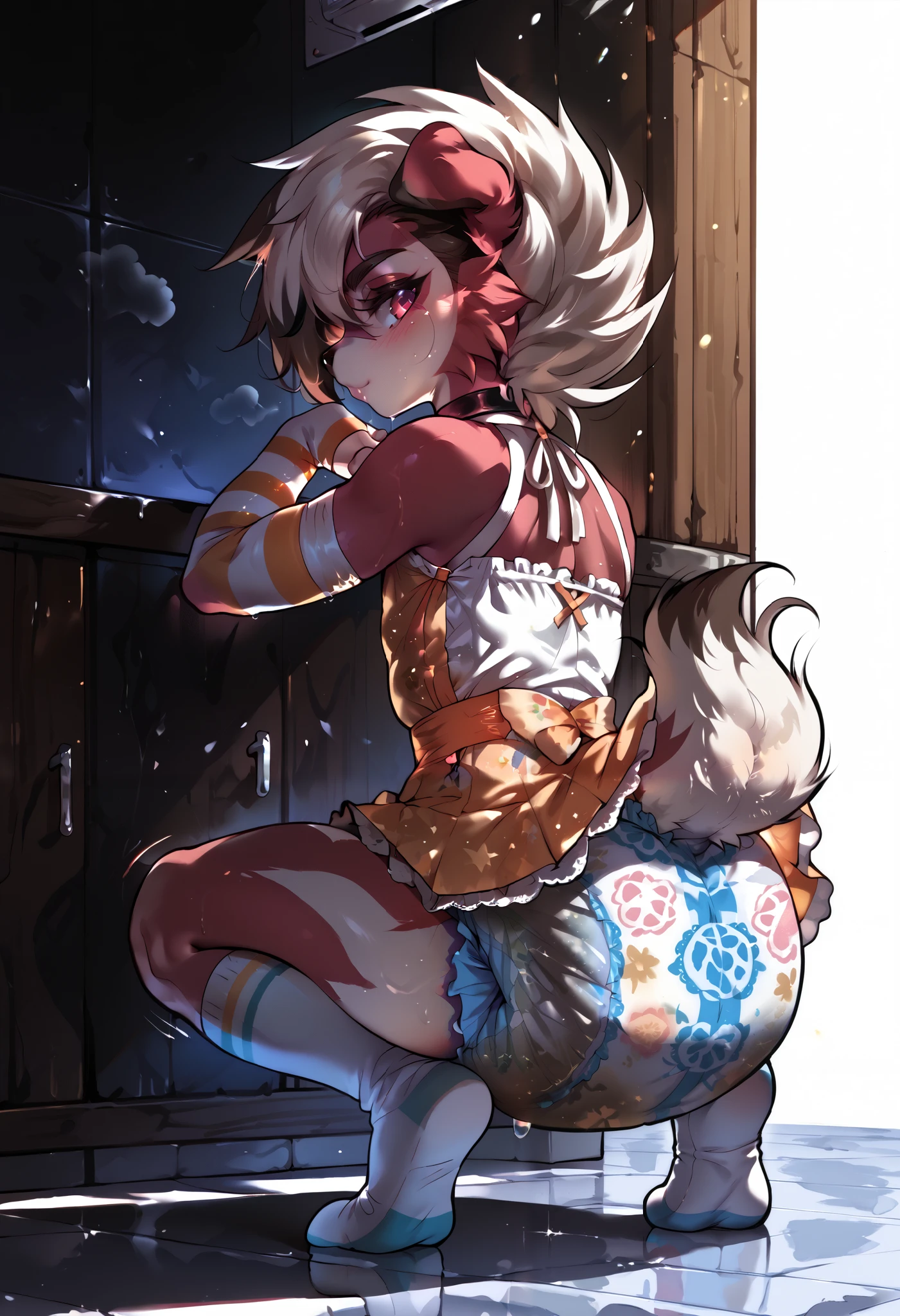 Male lycanroc squatting pose, wearing a dirty diaper, femboy, rear up, raised tail, long socks and arm warmers, dress, diaper under dress, grunting, blushing, messy diaper, wet diaper, stained diaper, side view