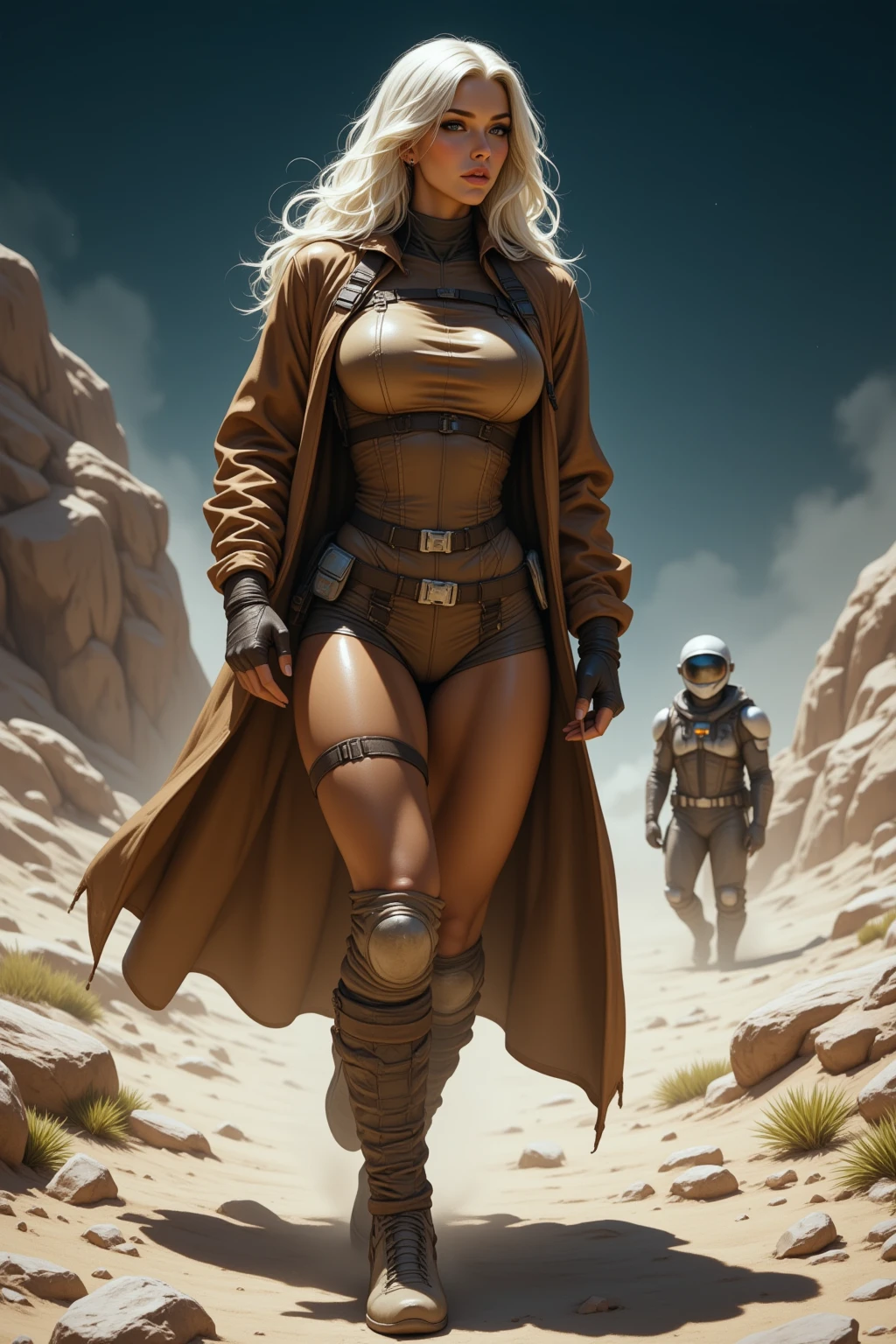 Full body shot sexy Sensual Blonde woman space ranger, full body shot head to toe, exploring a dry rocky almost barren ice planet, running 3/4 profile left, ultra blonde white hair, wavy hair, curly hair, sexy hair, large breasts, wearing ultra dusty wornout clothing, convertable helmet visor down showing ultra beautiful mezmerising face, she is wearing a dry dusting looking leather retro hunting outfit consisting of long brown overcoat leather space ranger form fitting body suit and small amounts of future clothing and space tech, action pose hunting, 36k resolution ultra hyper detailed image, photo-realistic, dehaze, dark of night hunting a nocturnal elusive alien carnivorous animal.,space_woman,Explosive dust