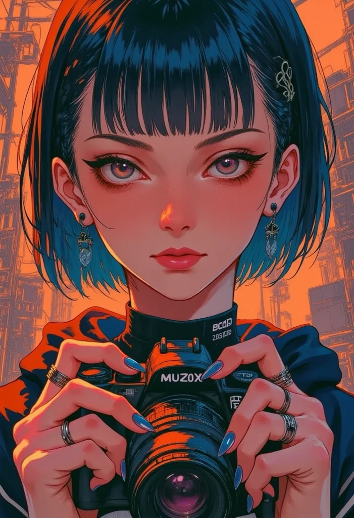  anatomically correct、Beautiful nails、electric red  color nail,Shiny nails 、focus on her eye,very closed up her face,boyish girl with short hair, black hair, detail eyes, nose, lips and, Plain clothing,Half of a woman's face while holding a camera , camera( top quality ,4K,8k, high resolution,masterpiece:1.2), ultra detail,high resolution, Studio Lighting , very detailed face and body , Portrait, ultra aesthetic scenery, anime background, ultra quality composition, beautiful nature,cinematic lighting ,Dramatic lighting,Warm tones,Dramatic Colors,illustration, Dark colors, stylish anime ,
