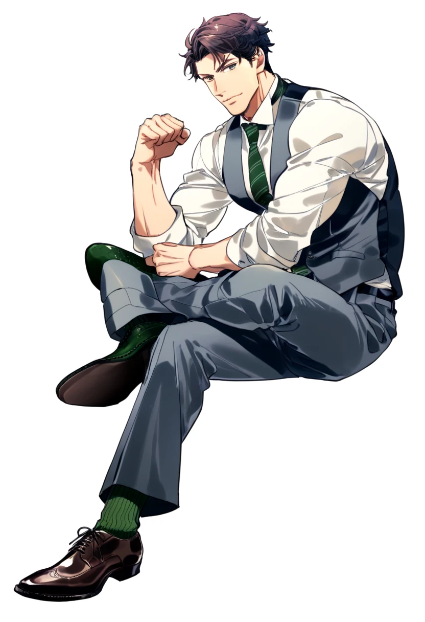 male focus, muscled male, solo, ikemen, mature, male only, tough man, bold, eyes fix, flat chest, sturdy waist, 50 years old, split toe crocodile blucher shoes, collared shirt, tie, three piece suit, belt, slacks, tight clothes, whole body, sitting, invisible chair,  looking at viewer, (white background, simple background:1.5), masterpiece, best quality, mta, showing his socked foot, long tube calf black fancy socks, dominating male pose:2, muscle, long shot, green color socks, Sebastian Sallow:2 from Hogwarts Legacy, slytherin student Sebastian Sallow