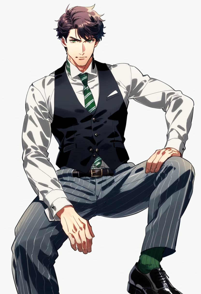 male focus, muscled male, solo, ikemen, mature, male only, tough man, bold, eyes fix, flat chest, sturdy waist, 50 years old, split toe crocodile blucher shoes, collared shirt, tie, three piece suit, belt, slacks, tight clothes, whole body, sitting, invisible chair,  looking at viewer, (white background, simple background:1.5), masterpiece, best quality, mta, showing his socked foot, long tube calf black fancy socks, dominating male pose:2, muscle, long shot, green color socks, Sebastian Sallow:2 from Hogwarts Legacy, slytherin student Sebastian Sallow