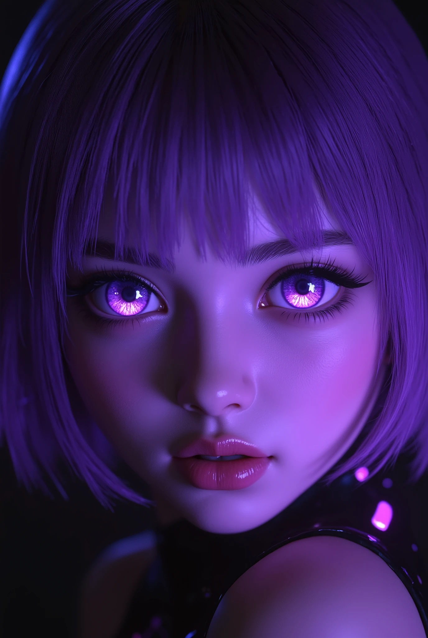 （ highdefinition images、Pro Work 、Artistic、's greatest masterpiece、 Draw realistically accurately with detailed details 、 Detailed texture :1.2）、（ Beautiful in complete darkness １7--old l、Purple hair 、青い地球に照らされている美しい facial hair 、Small chin、 has big eyes、 Feeling slightly apart between eyes 、（Blue Eyes、 Blue Earth reflected in big eyes ）、Beautiful Nose、Thick lips、（ facial hair {x} pores express the texture of the skin in detail）、(( facial hair 、Face sticking out )):1.5）