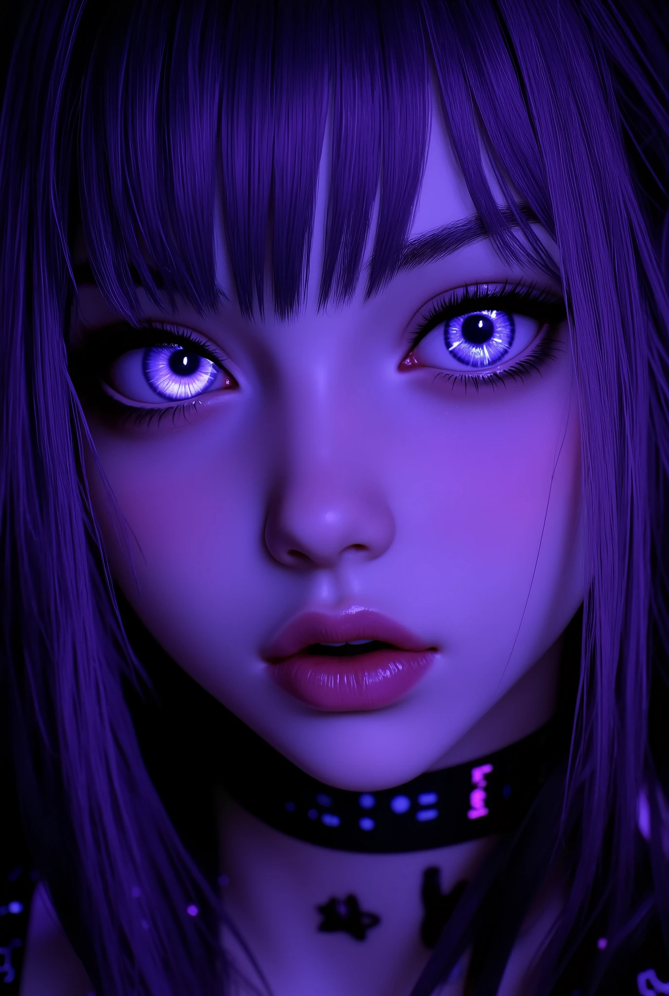 ( highdefinition images、Pro Work 、Artistic、's greatest masterpiece、 Draw realistically accurately with detailed details 、 Detailed texture :1.2)、( Beautiful in complete darkness 17-year-old girl、Purple hair 、青い地球に照らされている美しい facial hair 、Small chin、 has big eyes、 Feeling slightly apart between eyes 、(Blue Eyes、 Blue Earth reflected in big eyes )、Beautiful Nose、Thick lips、( facial hair {x} pores express the texture of the skin in detail)、(( facial hair 、Face sticking out )):1.5)